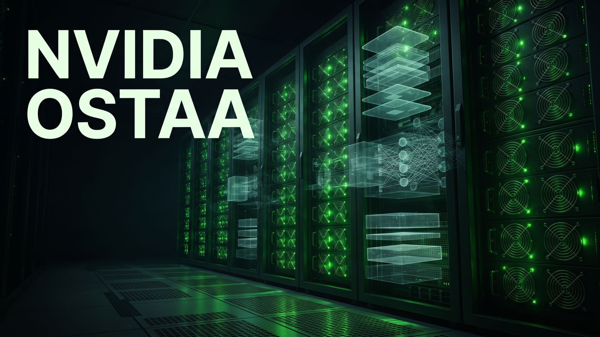 Vihreänä hehkuva palvelinsalin näytönohjainrivistö, kuvassa teksti Nvidia ostaa.