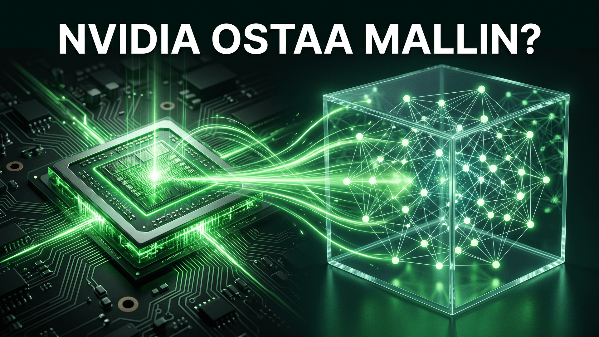 Vihreänä hehkuva grafiikkasiru yhdistyy valovirtojen kautta läpinäkyvään neuroverkkokuutioon