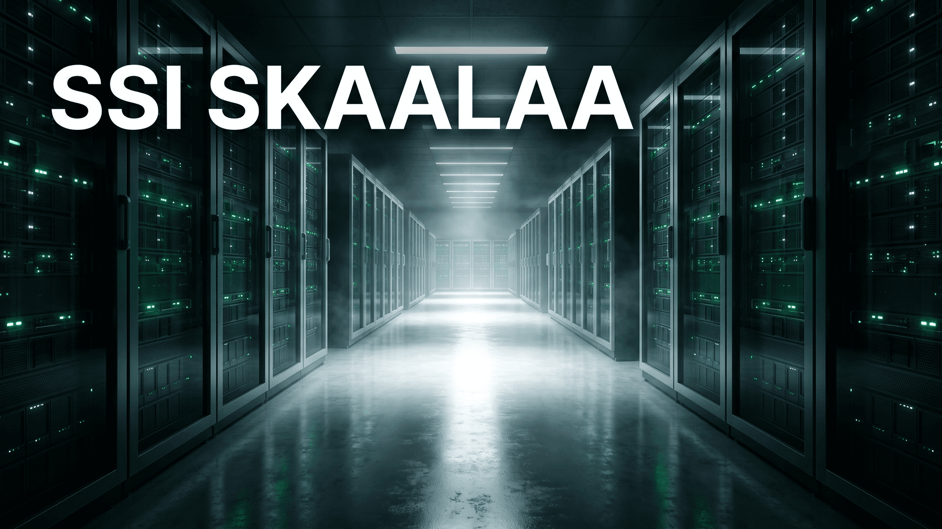 Laaja pimeä konesali, jossa palvelinrivit hehkuvat vihreänä ja keskikäytävä on kirkkaasti valaistu