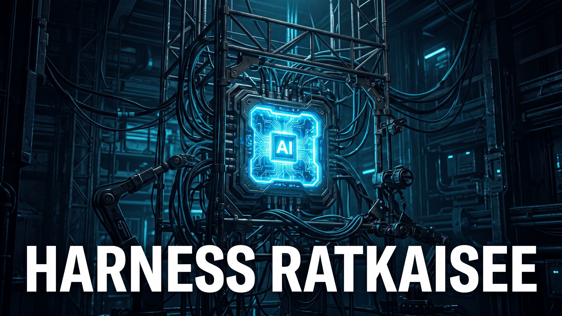 Hehkuva tekoälypiiri metallitelineen sisällä, teksti Harness ratkaisee