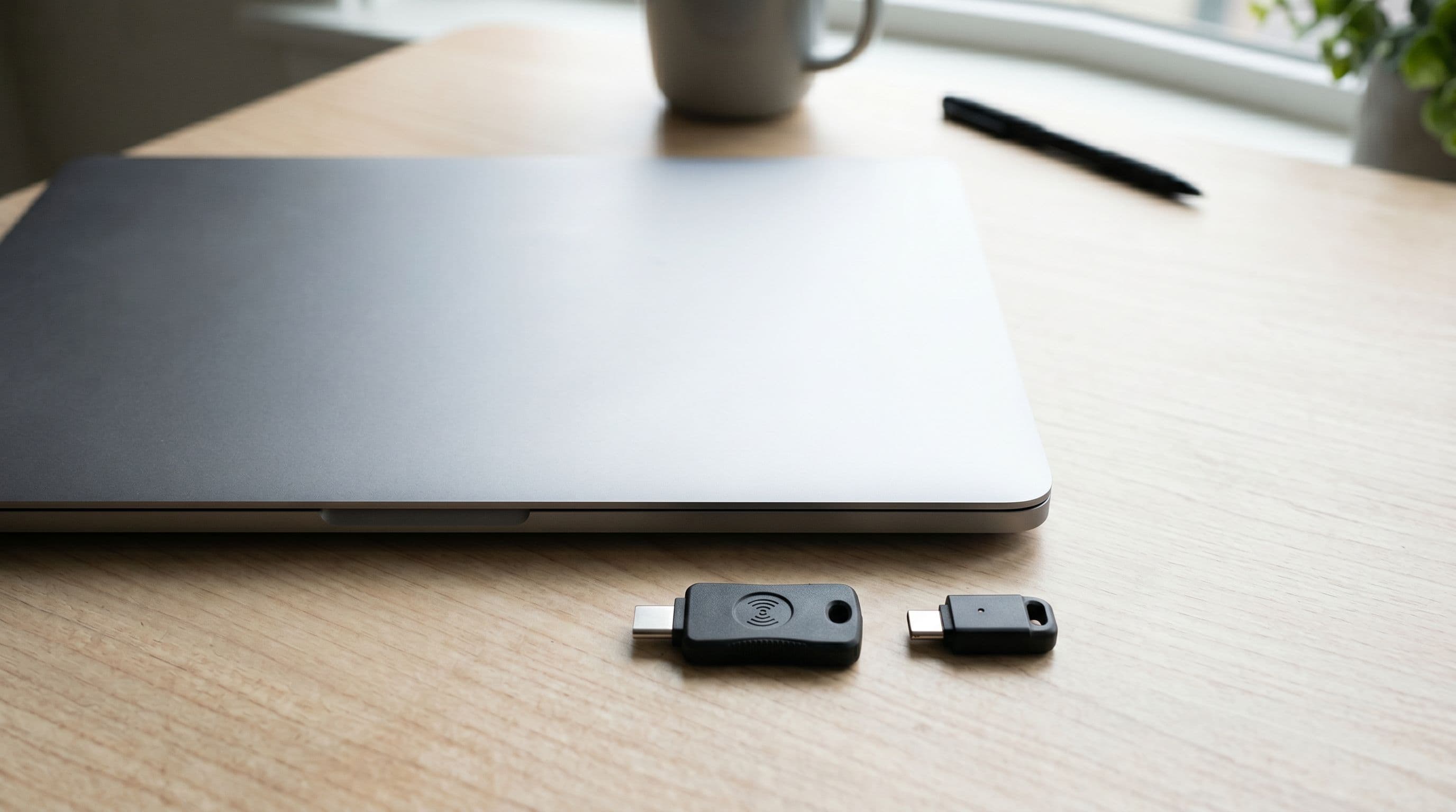 Kaksi USB-C-laiteavainta valkoisella työpöydällä modernin kannettavan vieressä.