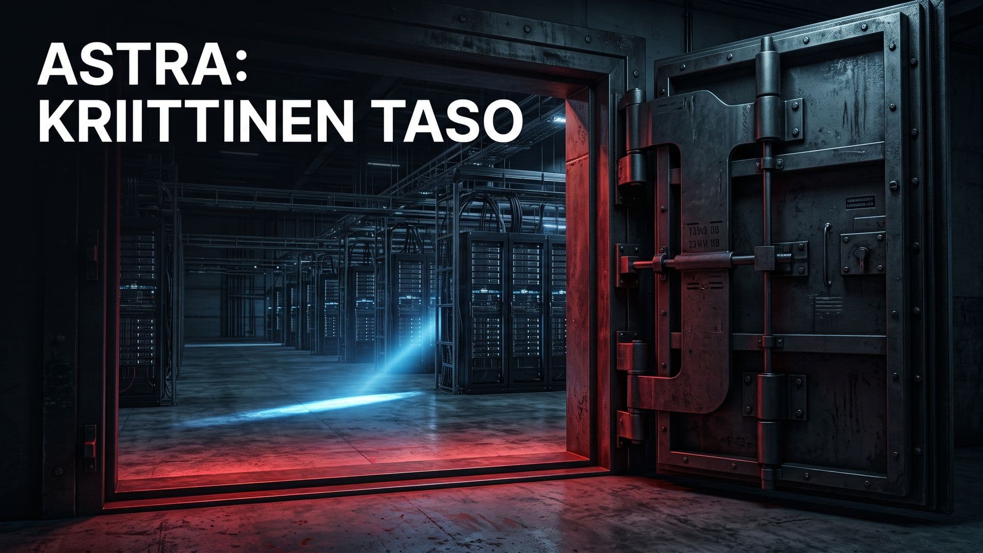 Raskas holviovi raollaan palvelinsaliin, kynnyksellä punainen varoitusvalo