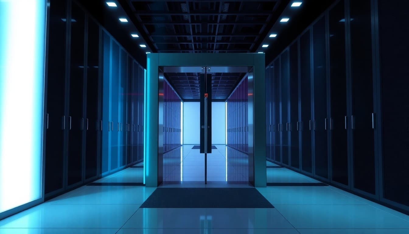Futuristinen turvaportti datakeskuksen käytävällä, hehkuva hyväksyntäkahva ja biometrinen lukija.