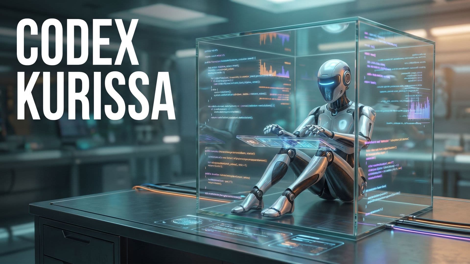 Magazine-tyylinen kansi, jossa robottikehittäjä lasikuution sisällä työasemalla, otsikkona CODEX KURISSA.
