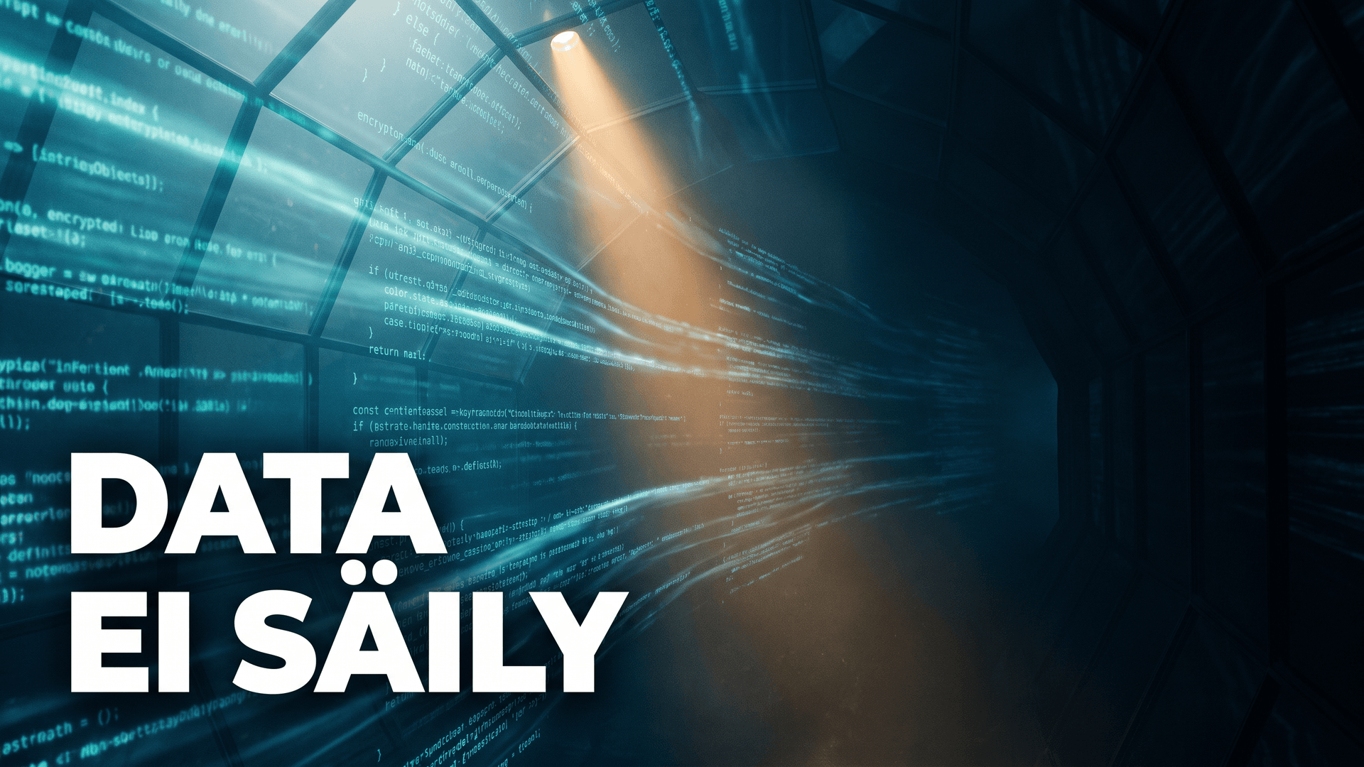 Salattua dataa virtaa lasiholvin läpi ja haihtuu pimeyteen, tekstinä DATA EI SÄILY