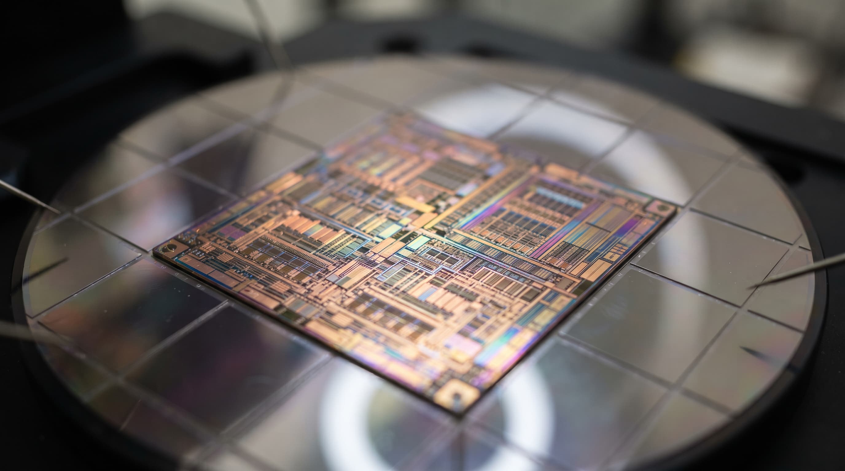 Makrokuva ASIC-piirin kiekosta puhdastilan valaistuksessa
