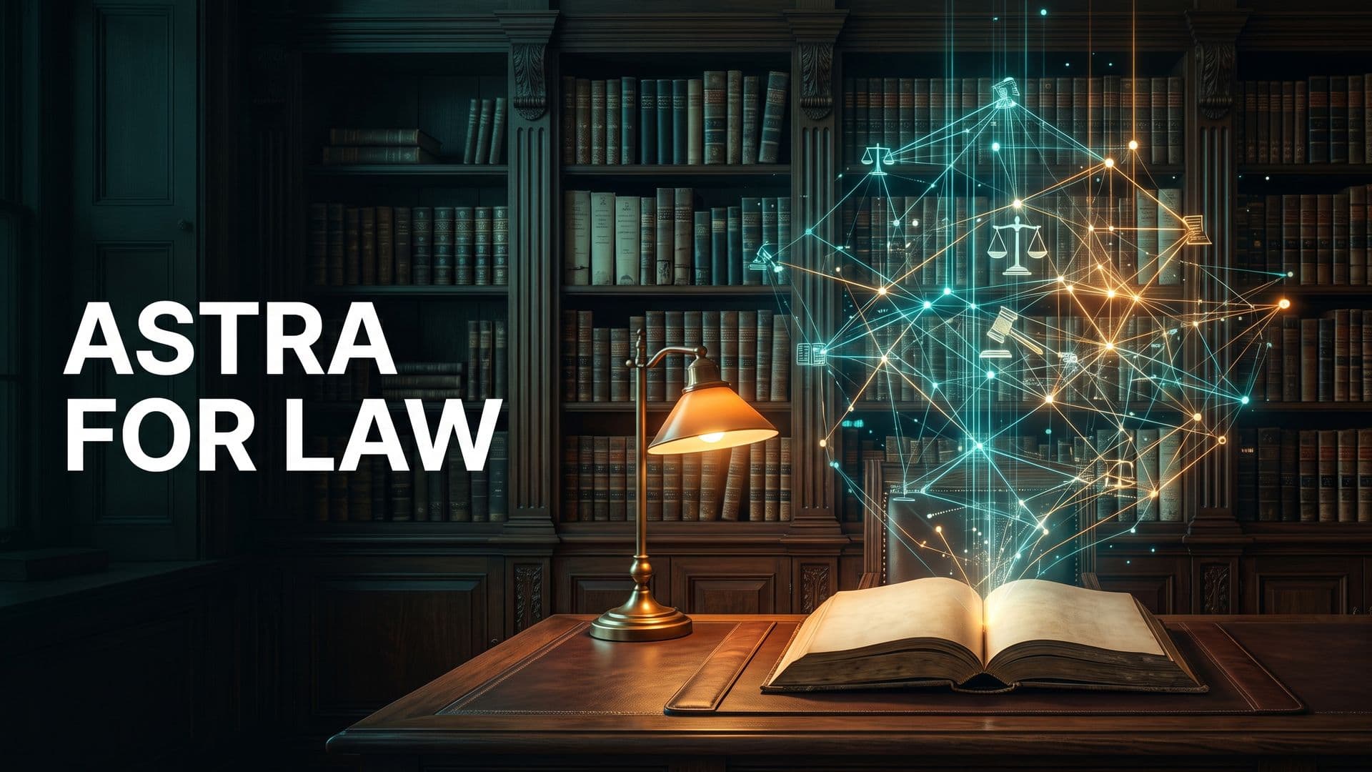 Hämärä lakikirjasto, avoimesta lakikirjasta nouseva valoverkko ja teksti Astra for Law