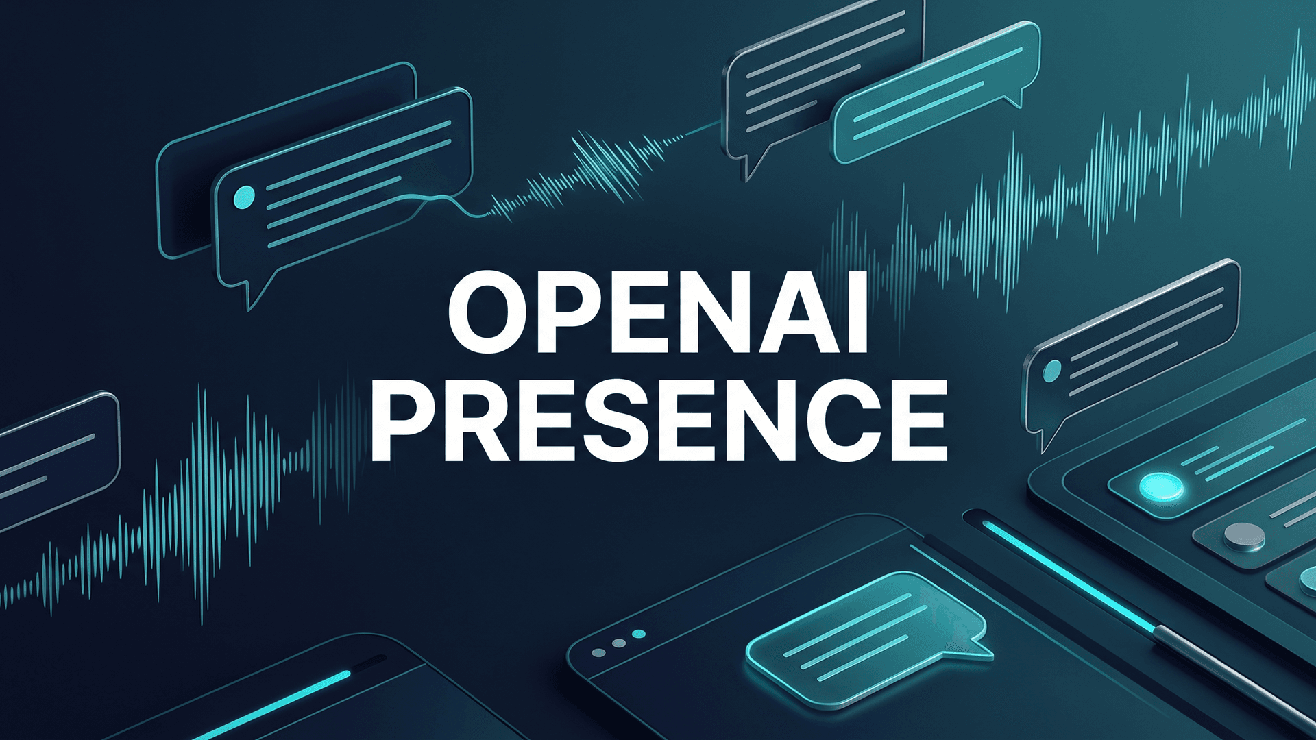 Yritysten ääni- ja chat-agentteja kuvaava graafinen kansi, teksti OpenAI Presence