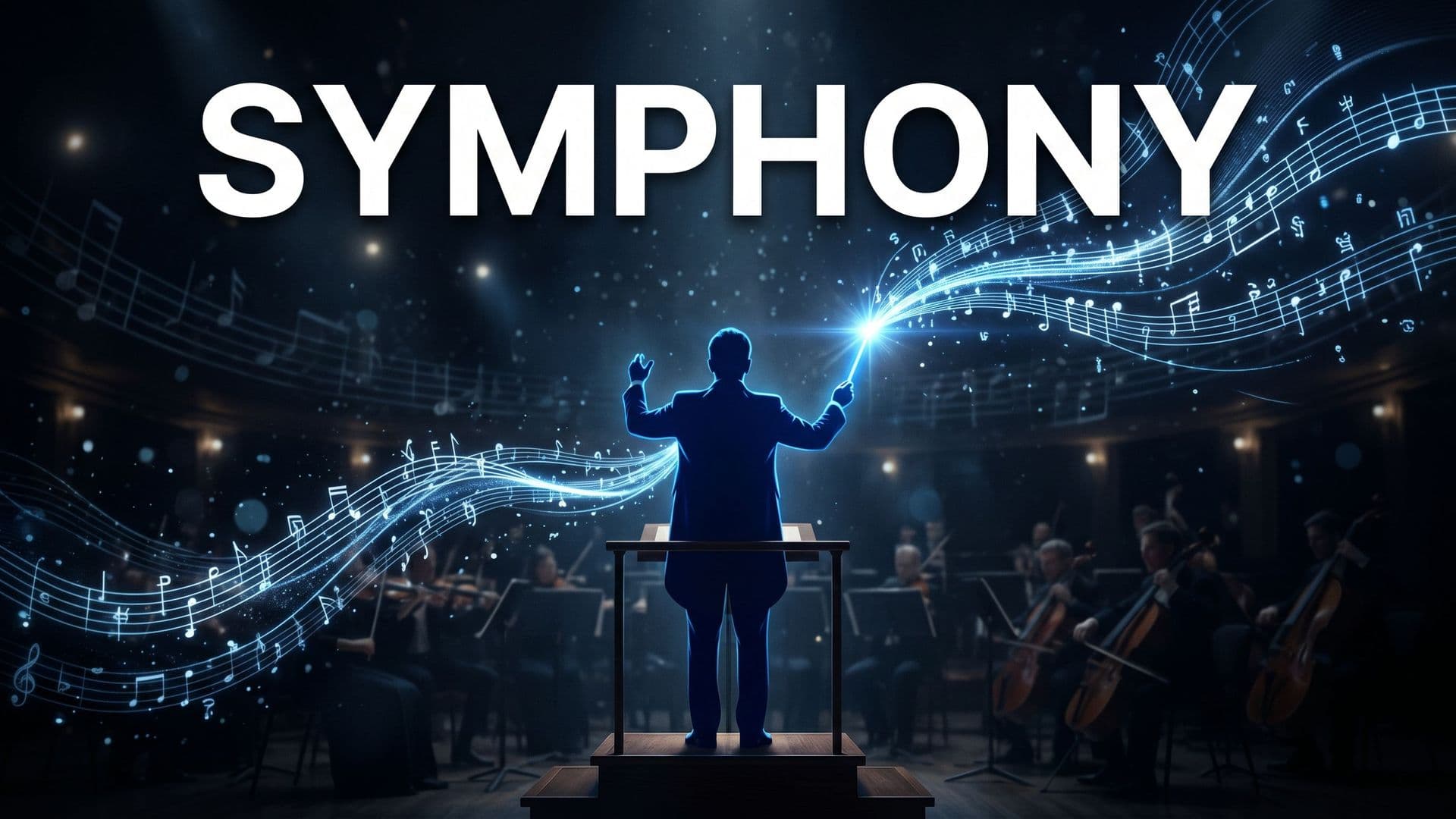 Graafinen lehtikansi, jossa kapellimestarin siluetti johtaa hehkuvaa partituuria ja sana SYMPHONY isolla tekstillä.