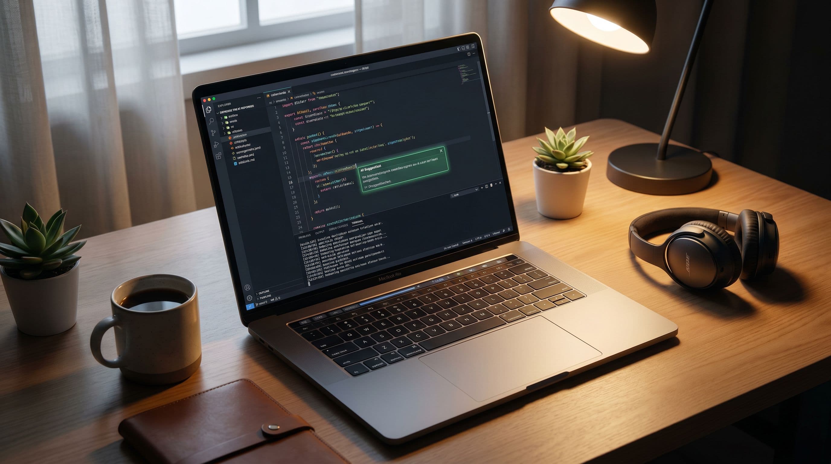 Kehittäjän työpöytä, jolla Codex-koodausagentti tarjoaa ehdotuksia