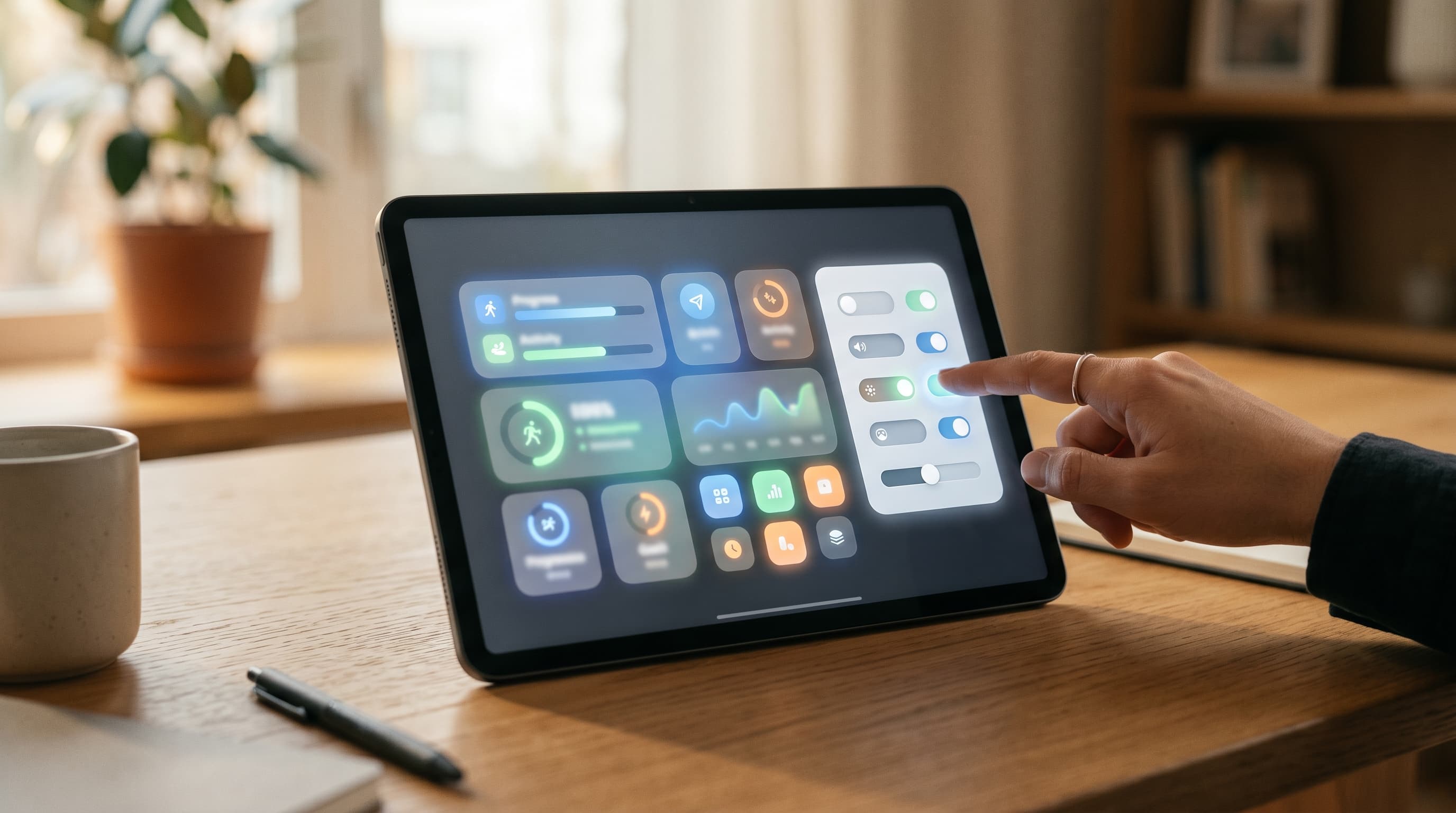 Tabletilla näkyvä muistin yhteenvetonäkymä, jota käyttäjä säätää