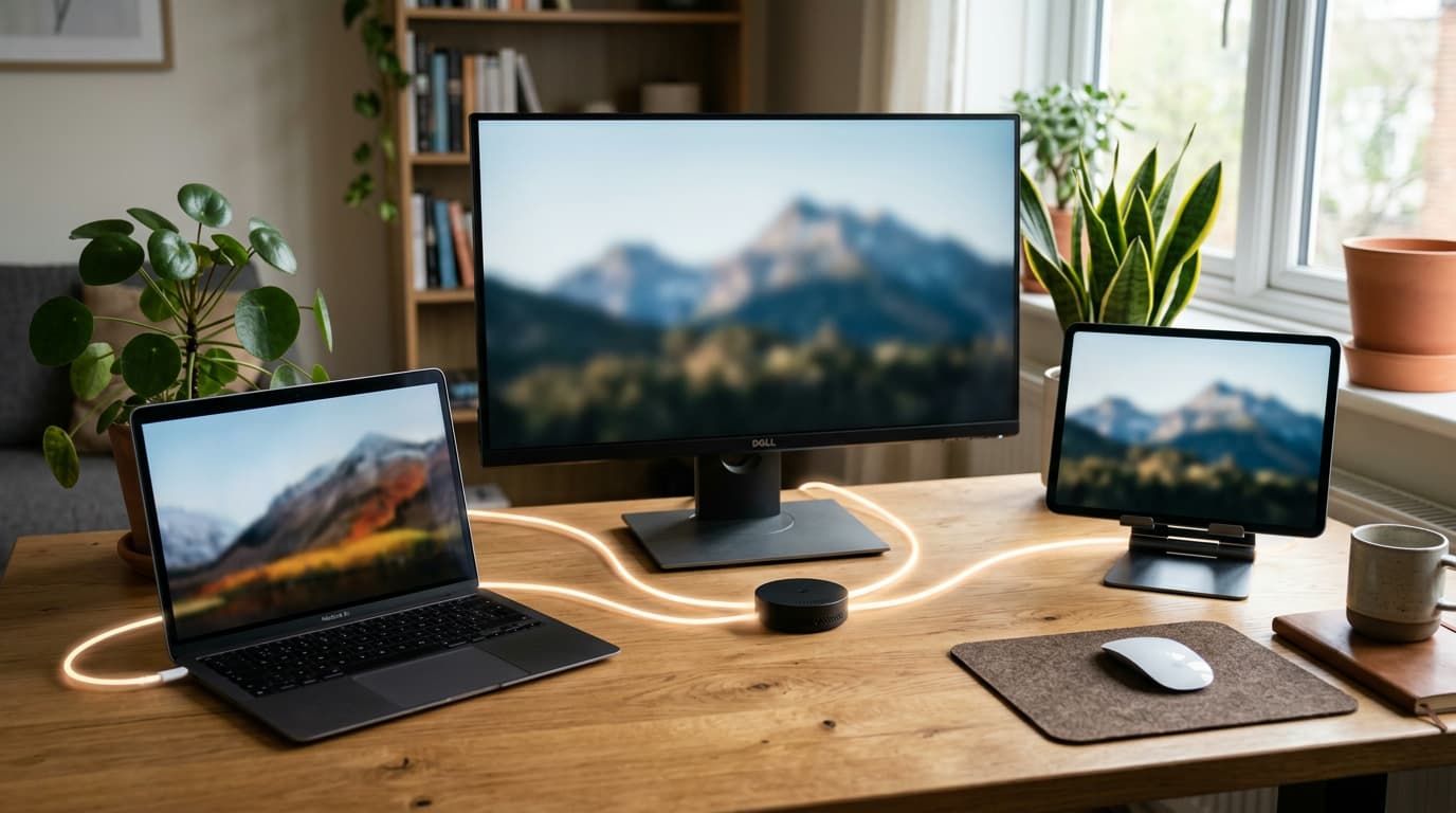 Kannettava, näyttö ja tabletti yhdistettynä valolinjoin yhteiseen keskuslaitteeseen