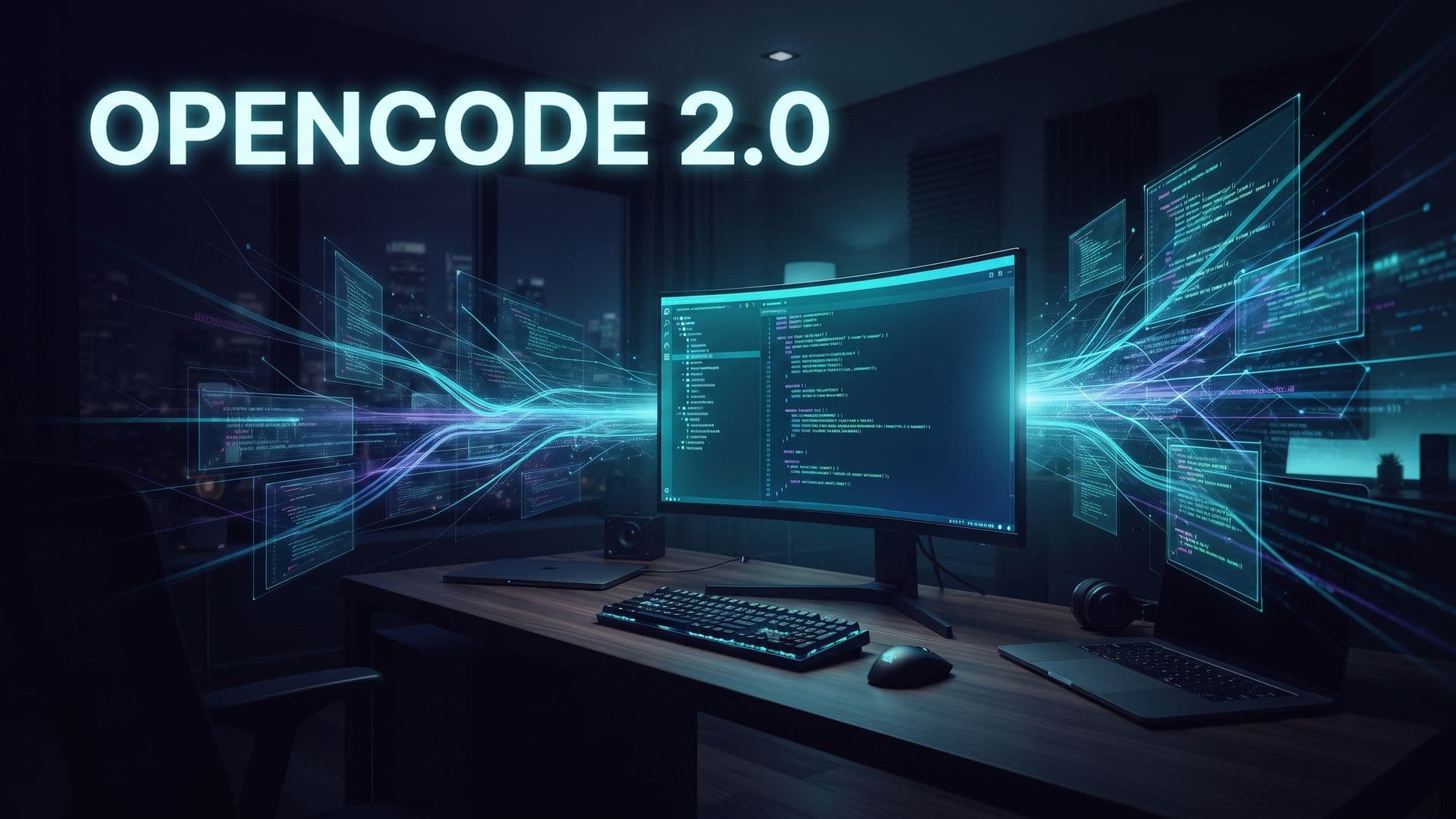 Tumma kehittäjän työtila hehkuvine päätteineen ja otsikko OpenCode 2.0
