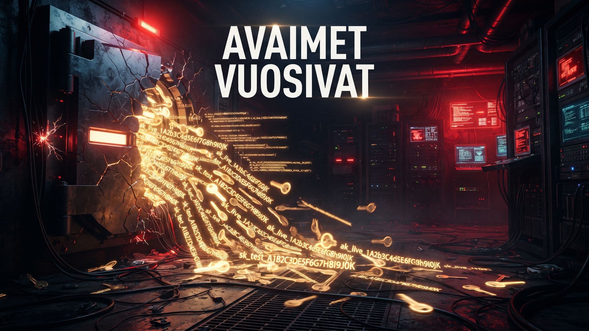 Murtuneesta digitaalisesta holvista valuu hehkuvia avaimia, kuvassa teksti AVAIMET VUOSIVAT