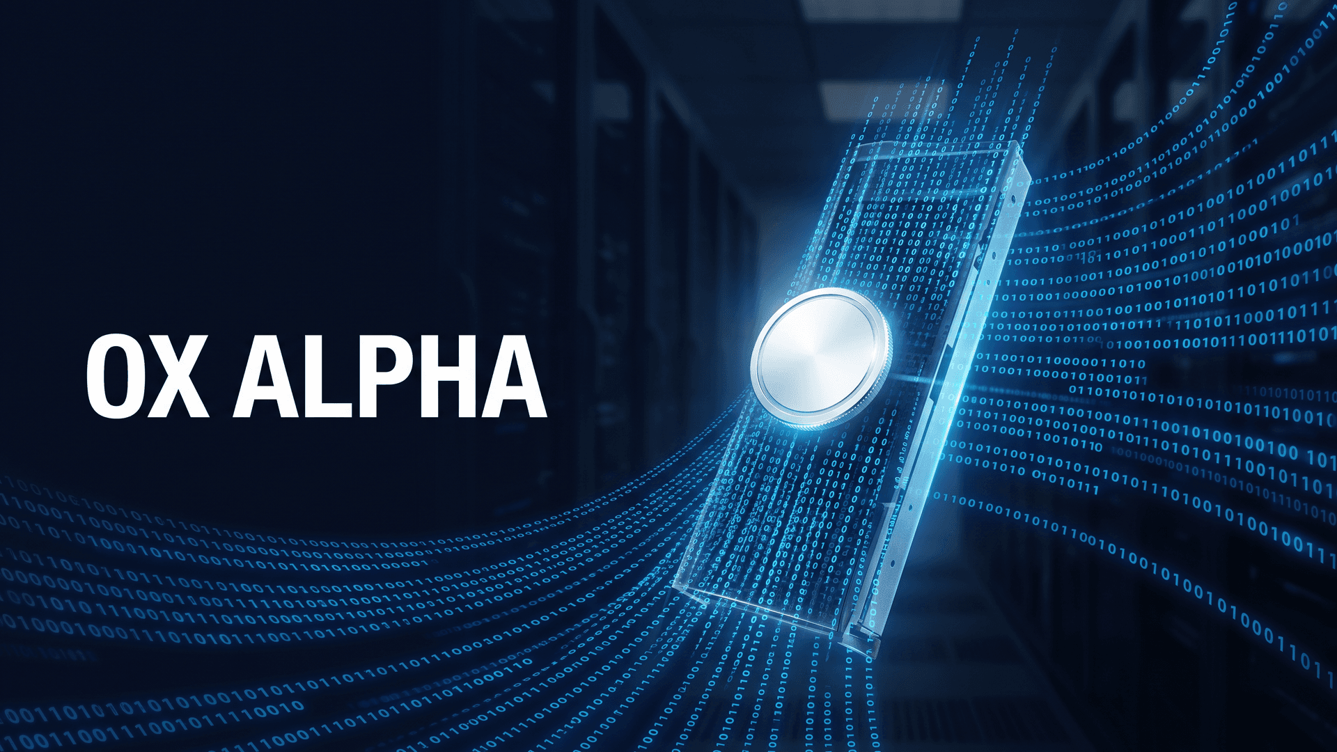 Nimetön palvelinmoduuli hehkuu datasalissa binäärivirtojen keskellä, otsikkona Ox Alpha