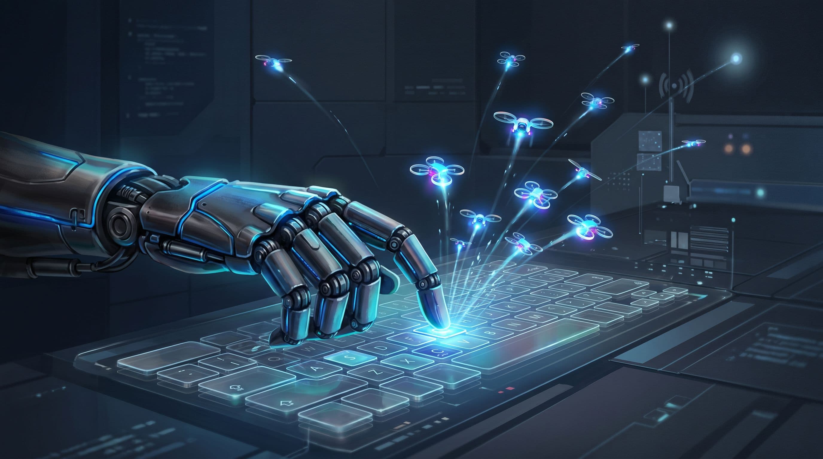 Robottikäsi kirjoittaa hologramminäppäimistöllä, ja jokainen näppäily synnyttää autonomisen droonin.