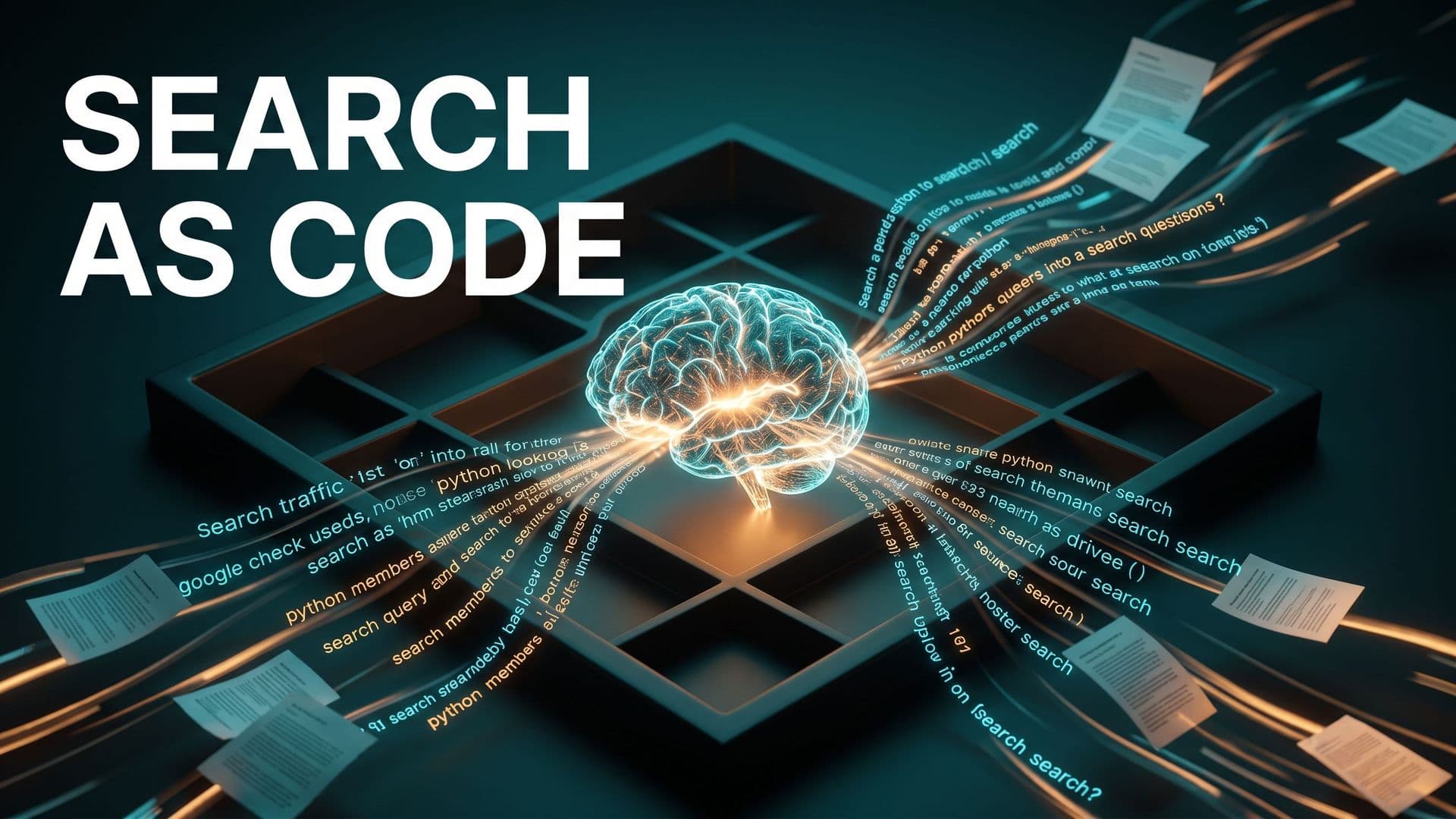 Editorialgrafiikka, jossa teksti SEARCH AS CODE ja hehkuva neuroverkko muuttaa Python-koodia hakukyselyiksi.