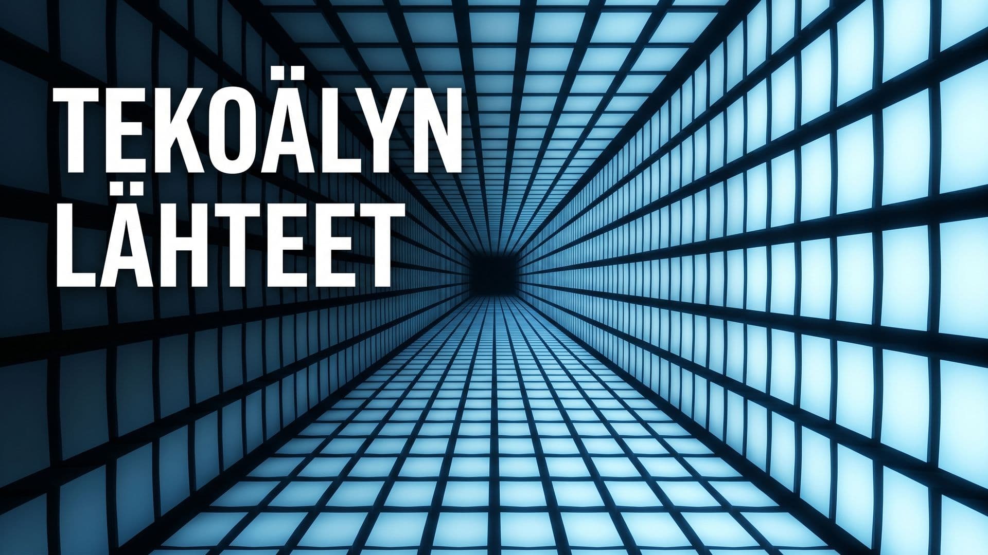 Loputon hehkuvien tyhjien sivujen käytävä ja teksti Tekoälyn lähteet