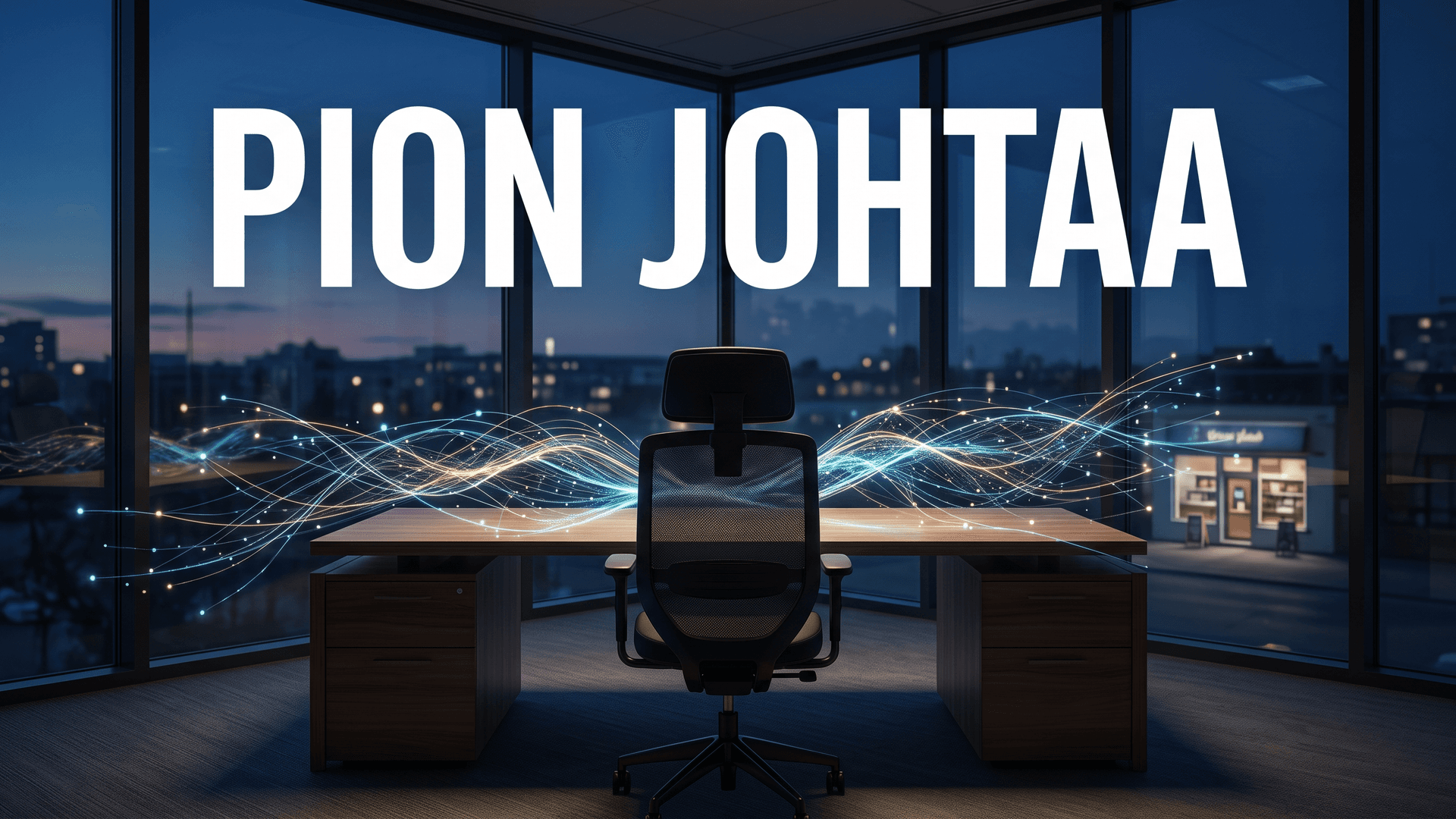 Tyhjä toimistopöytä hämärässä, valojuovia ja kauppa ikkunan takana, teksti Pion johtaa