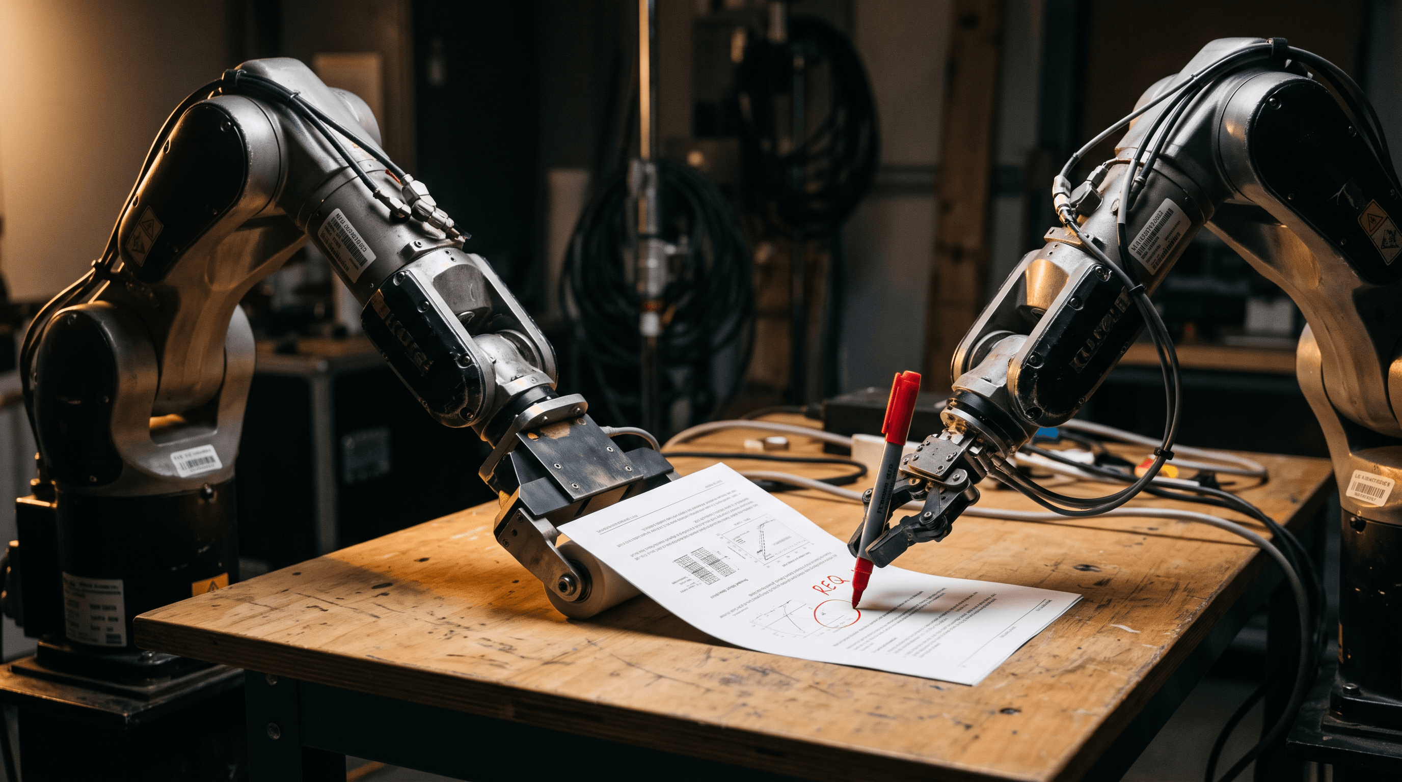 Kaksi robottikättä pöydän ääressä, toinen merkitsee asiakirjaa punaisella