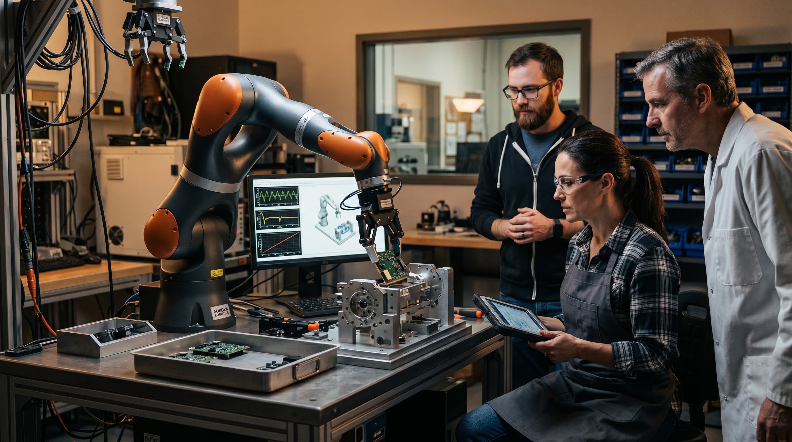 Robotiikkainsinöörit seuraavat robottia teollisuuslaboratoriossa