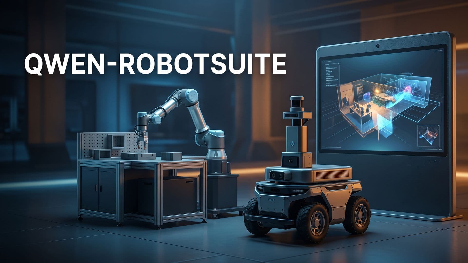 Qwen-RobotSuite -kansikuva, jossa robottikäsi, liikkuva robotti ja maailmamalli