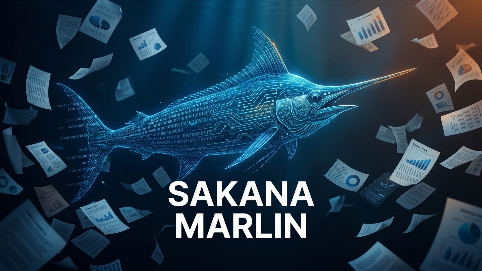 Datavirroista muodostuva marliini ui asiakirjojen seassa, kuvassa teksti SAKANA MARLIN.