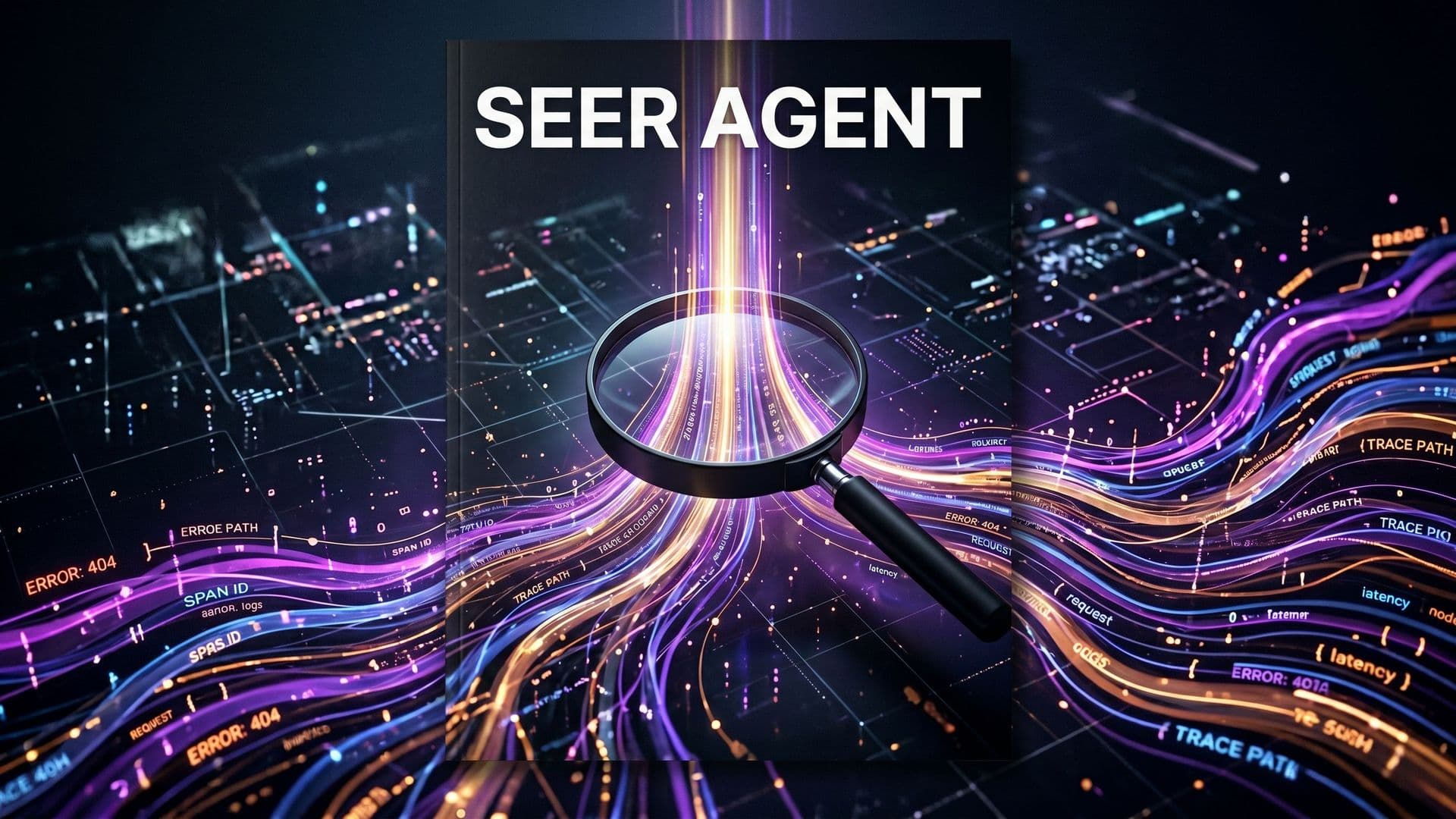Seer Agent -kansikuva, suurennuslasi telemetriadatan virrassa hehkuvilla viivoilla.