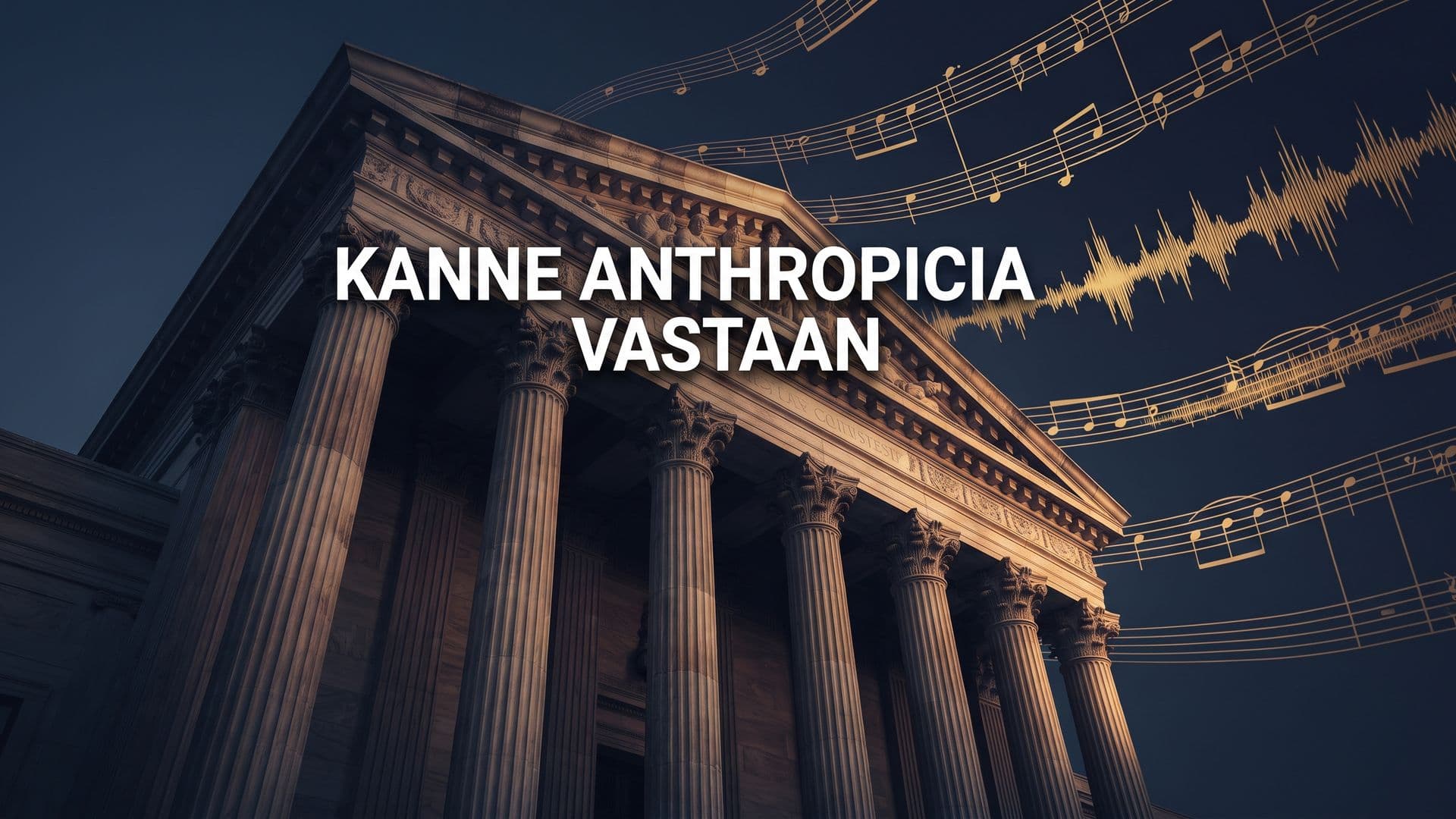 Oikeustalon pylväikkö illansuussa ja kultaiset nuottiviivat, otsikkona kanne Anthropicia vastaan