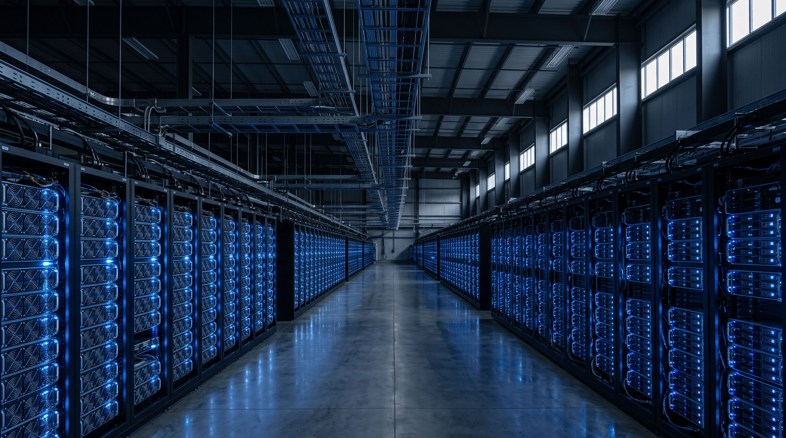 Laaja GPU-konesalin käytävä palvelinräkkeineen sinisessä valaistuksessa