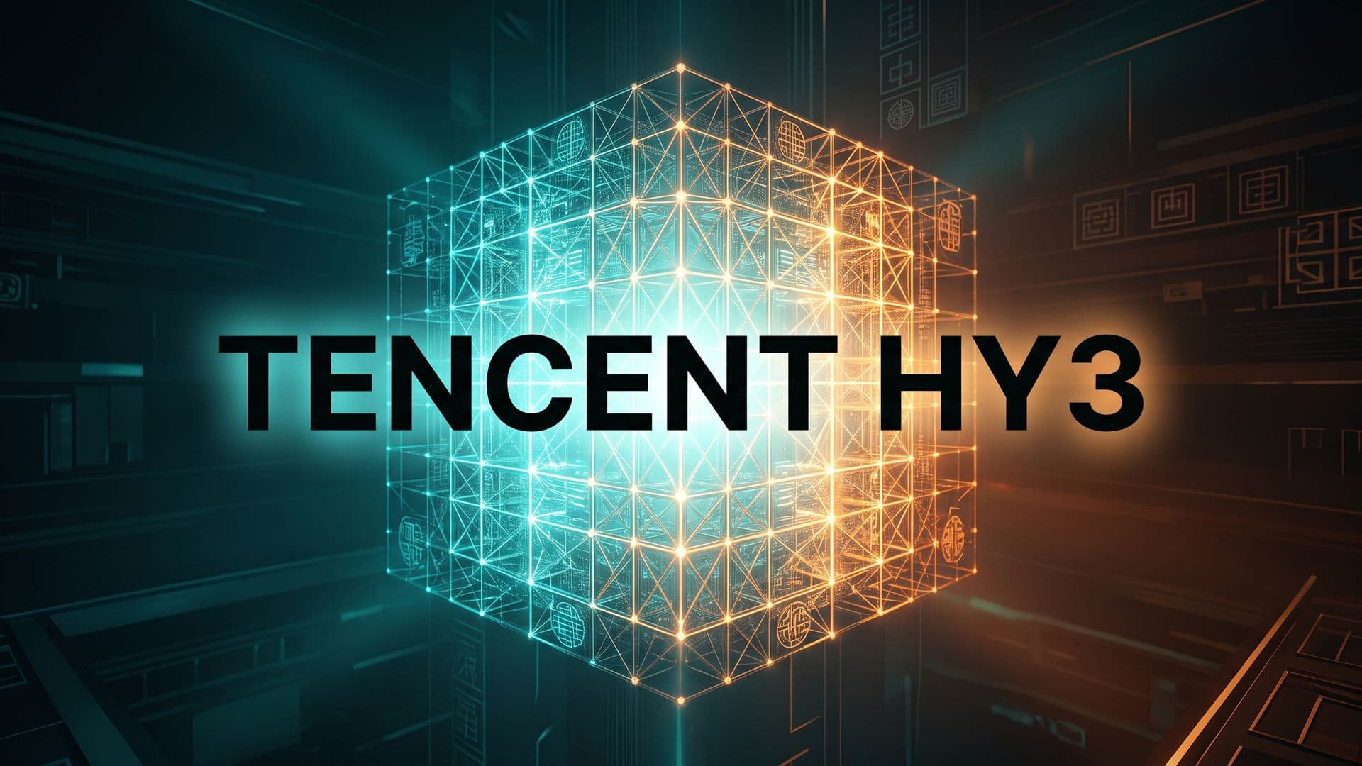 Tencent Hy3 -tekoälymallin kansikuva, jossa teksti TENCENT HY3 ja hehkuva mallin ydin.