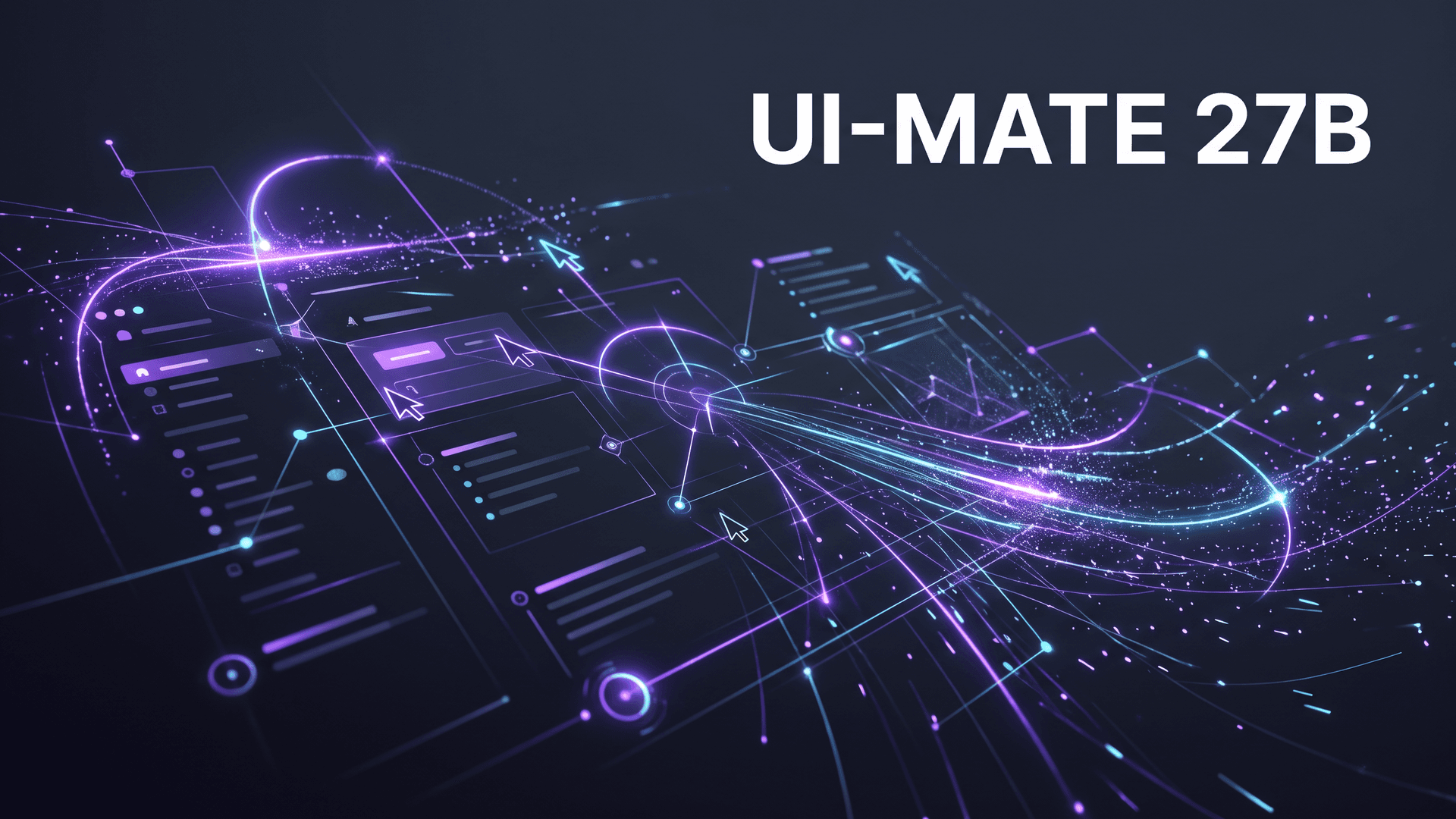 UI-Mate-27B -kansikuva, jossa työpöydän ikkunat hajoavat hehkuviksi kursorijuoviksi