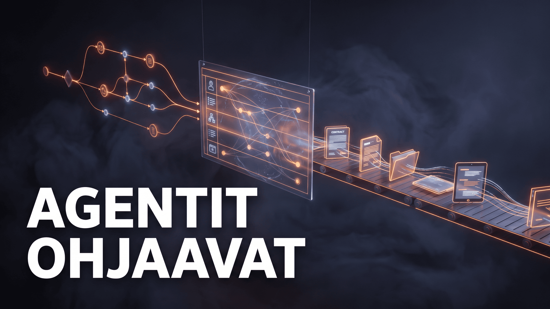 Prosessikaavio muuttuu dokumenttien kuljettimeksi, tekstinä AGENTIT OHJAAVAT