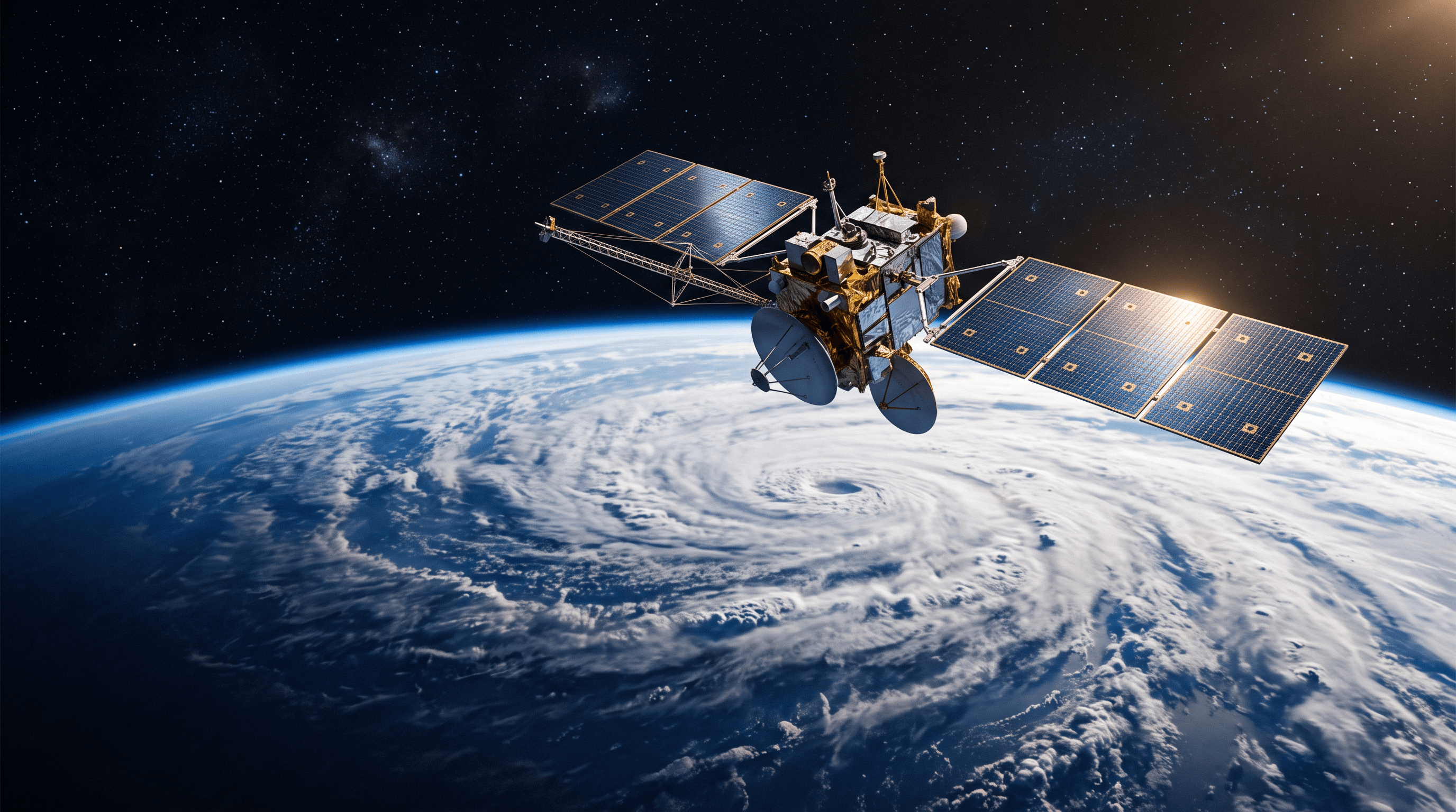 Geostationaarinen säsatelliitti kiertoradalla laajan pilvijärjestelmän yläpuolella