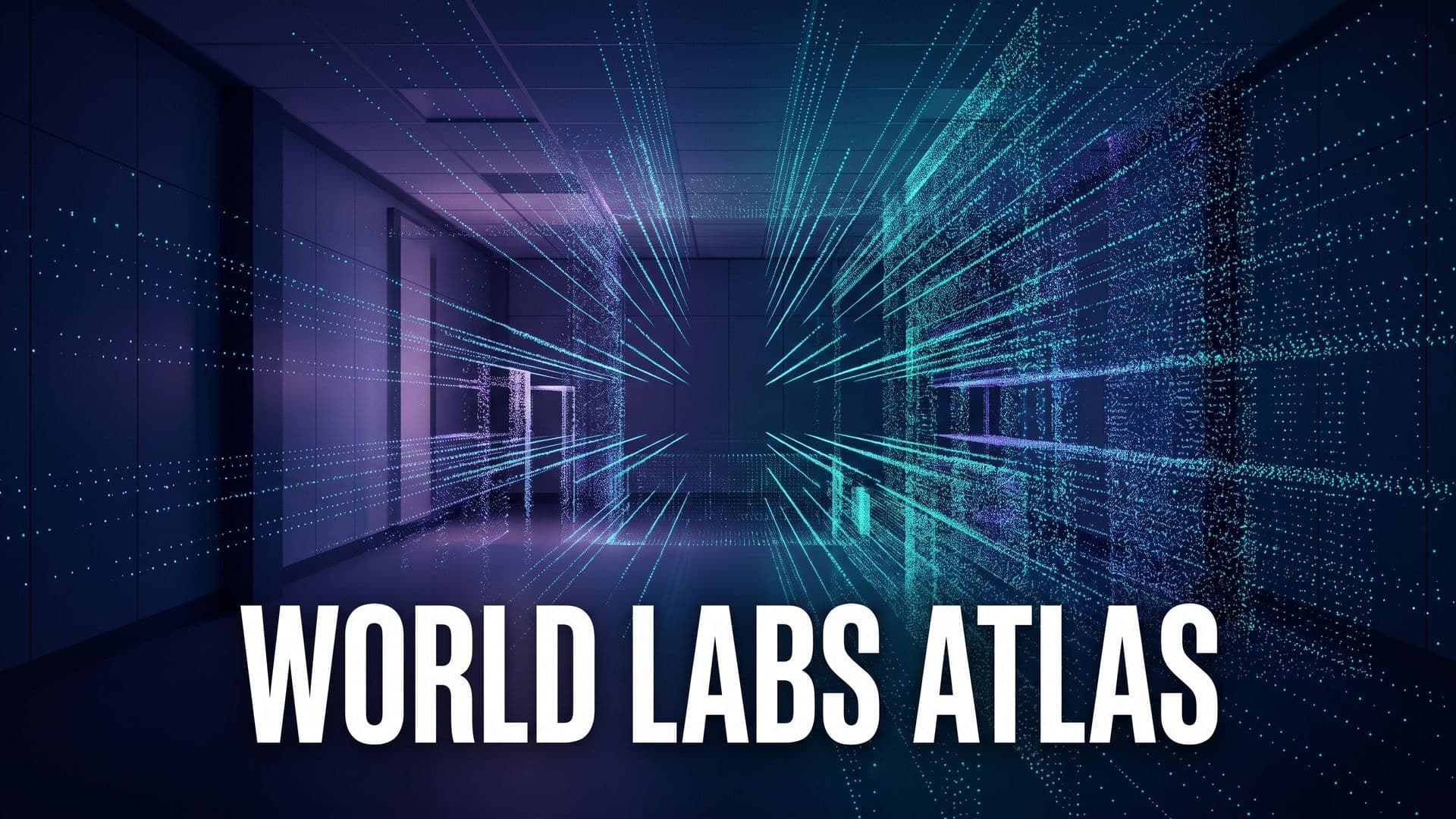 Huone hajoaa hehkuvaksi kolmiulotteiseksi pistepilveksi ja teksti World Labs Atlas