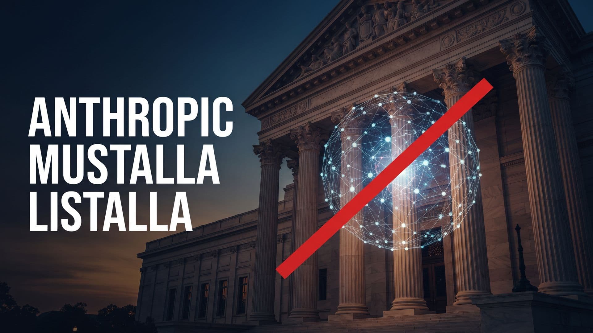 Oikeustalo hämärässä ja punaisella yliviivattu tekoälyverkko, teksti Anthropic mustalla listalla