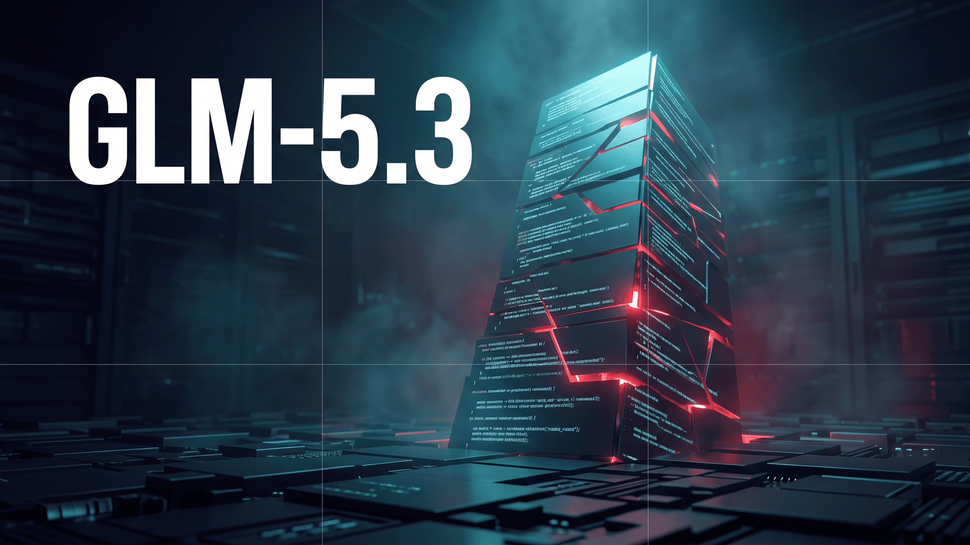 Hehkuva koodikerroksista rakentuva monoliitti palvelinsalissa ja teksti GLM-5.3