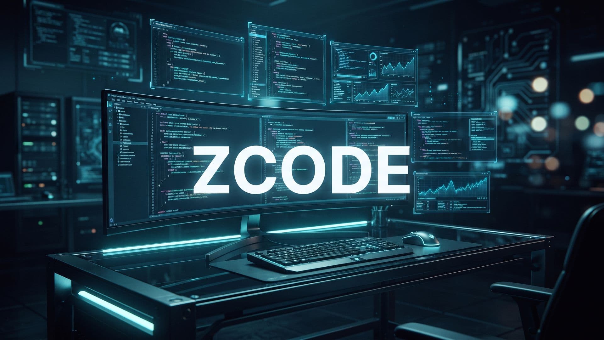 ZCODE-teksti tummalla julistegrafiikalla, hehkuva agenttipohjainen koodieditori taustalla