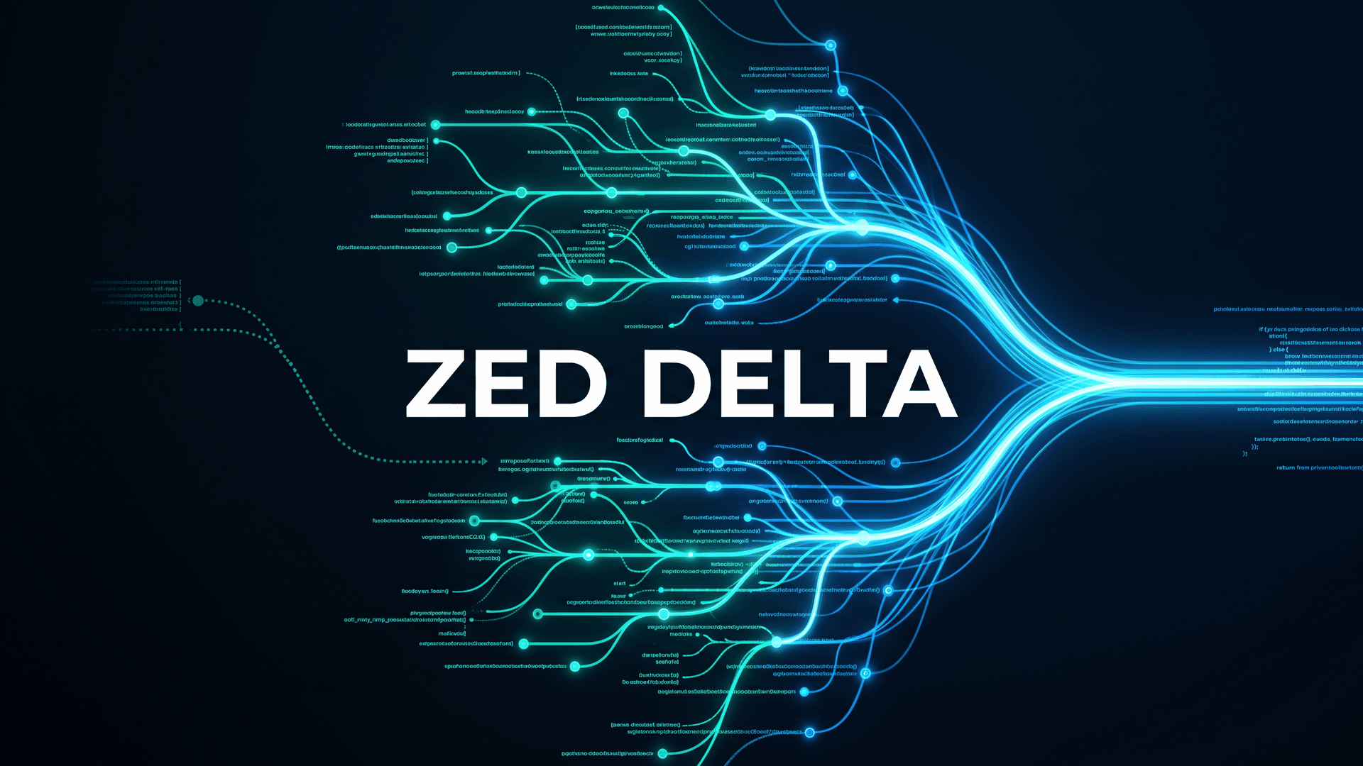 Kuvituskuva haarautuvista koodipoluista jotka yhtyvät, teksti ZED DELTA