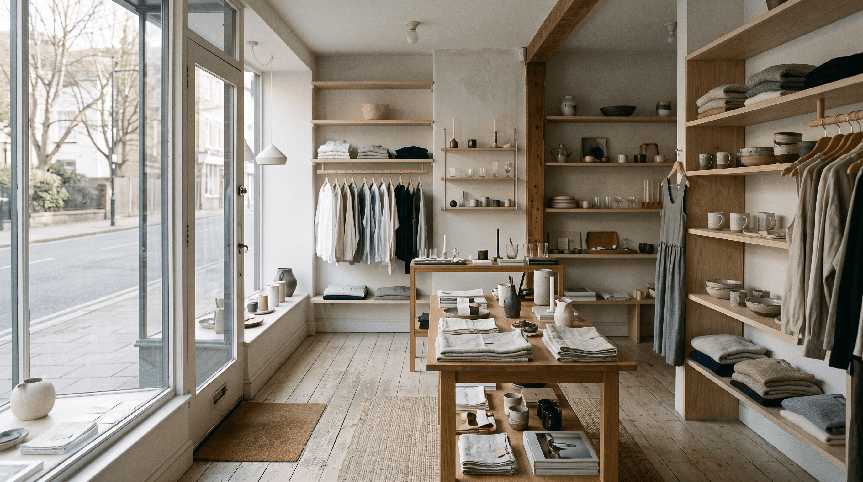 Pienen designmyymälän tyhjä sisätila päivänvalossa
