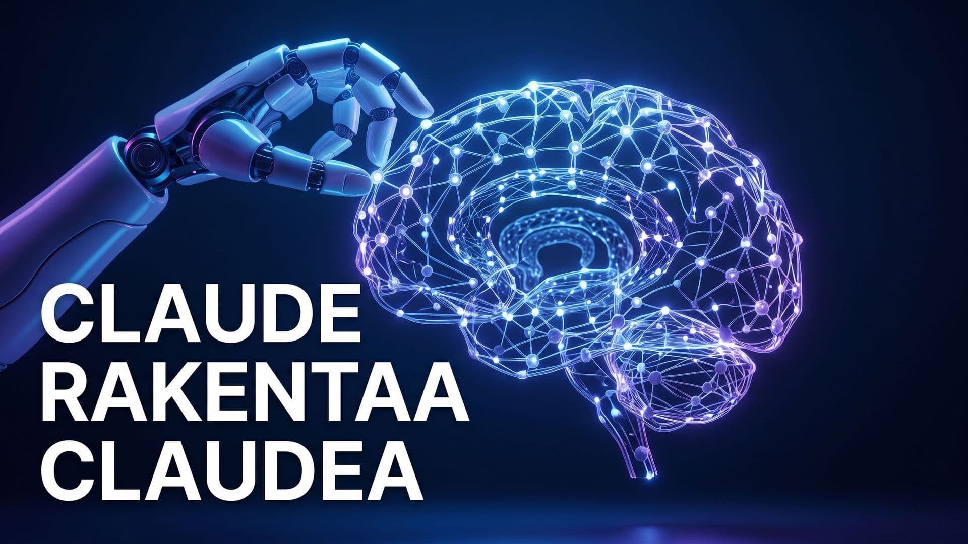 Robottikäsi kokoaa hehkuvaa neuroverkkoaivoa, joka heijastaa itseään, tekstinä CLAUDE RAKENTAA CLAUDEA