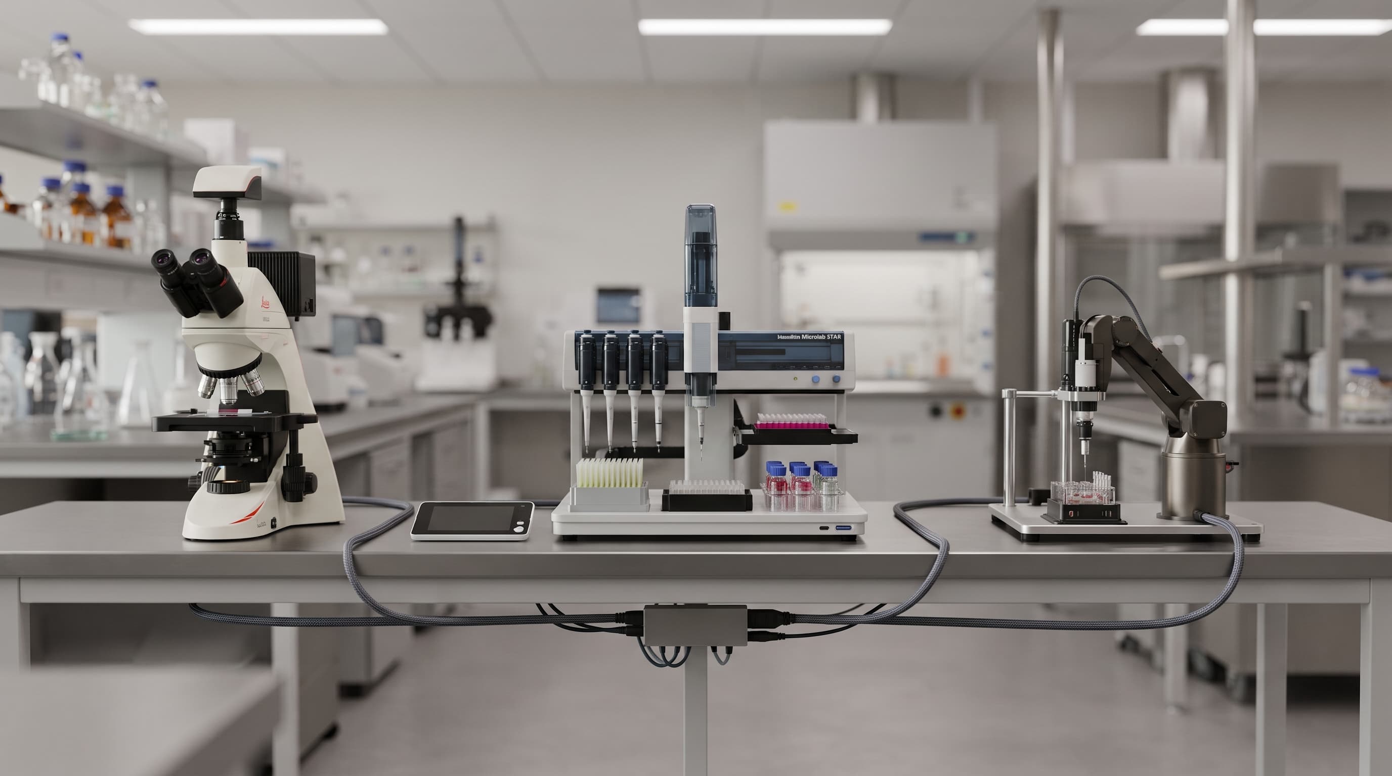 Mikroskooppi, pipetointirobotti ja pieni robottikäsi laboratoriopöydällä yhden kaapelivedon yhdistäminä