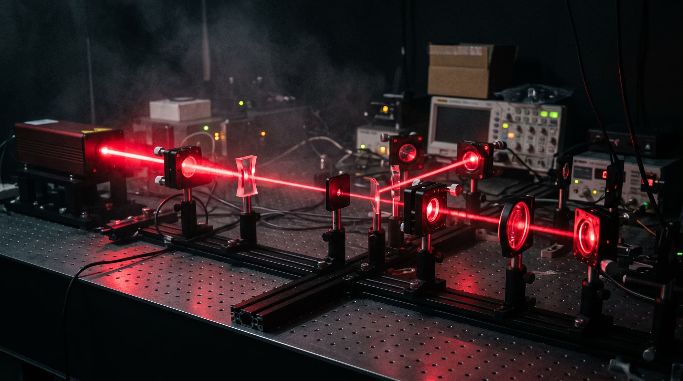 Punainen lasersäde kulkee peilien ja linssien läpi optiikkapöydällä pimeässä laboratoriossa