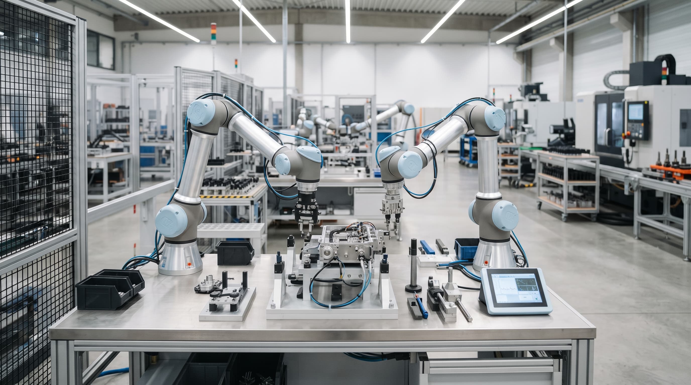 Yhteistyörobottikäsiä työpöydän ääressä modernissa valmistustilassa kirkkaassa valaistuksessa