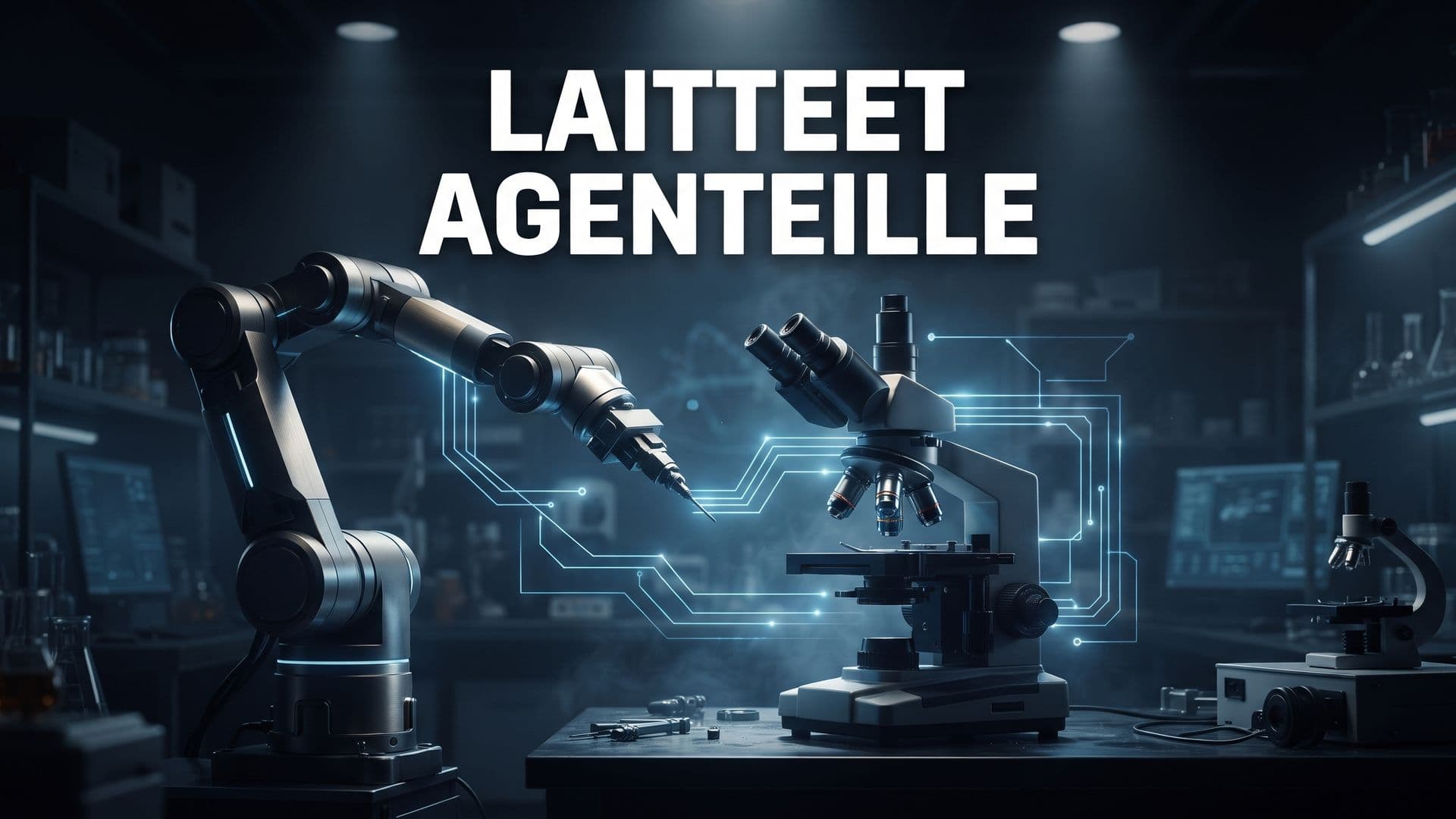 Robottikäsi ja mikroskooppi yhdistettyinä sinisillä signaalilinjoilla hämärässä tutkimuslaboratoriossa