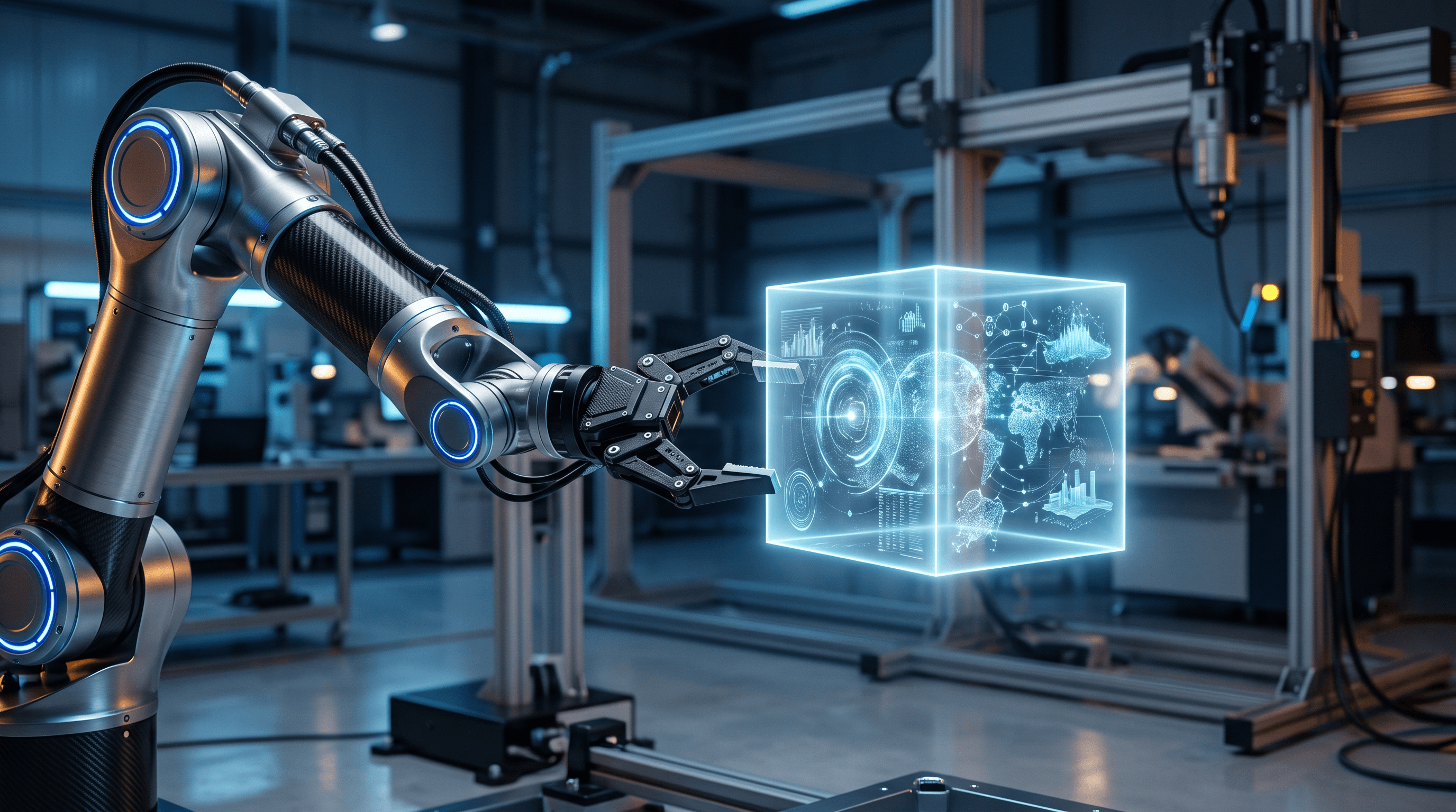 Robottikäsi kurottaa kohti hehkuvaa hologrammikuutiota puhtaassa työpajassa.