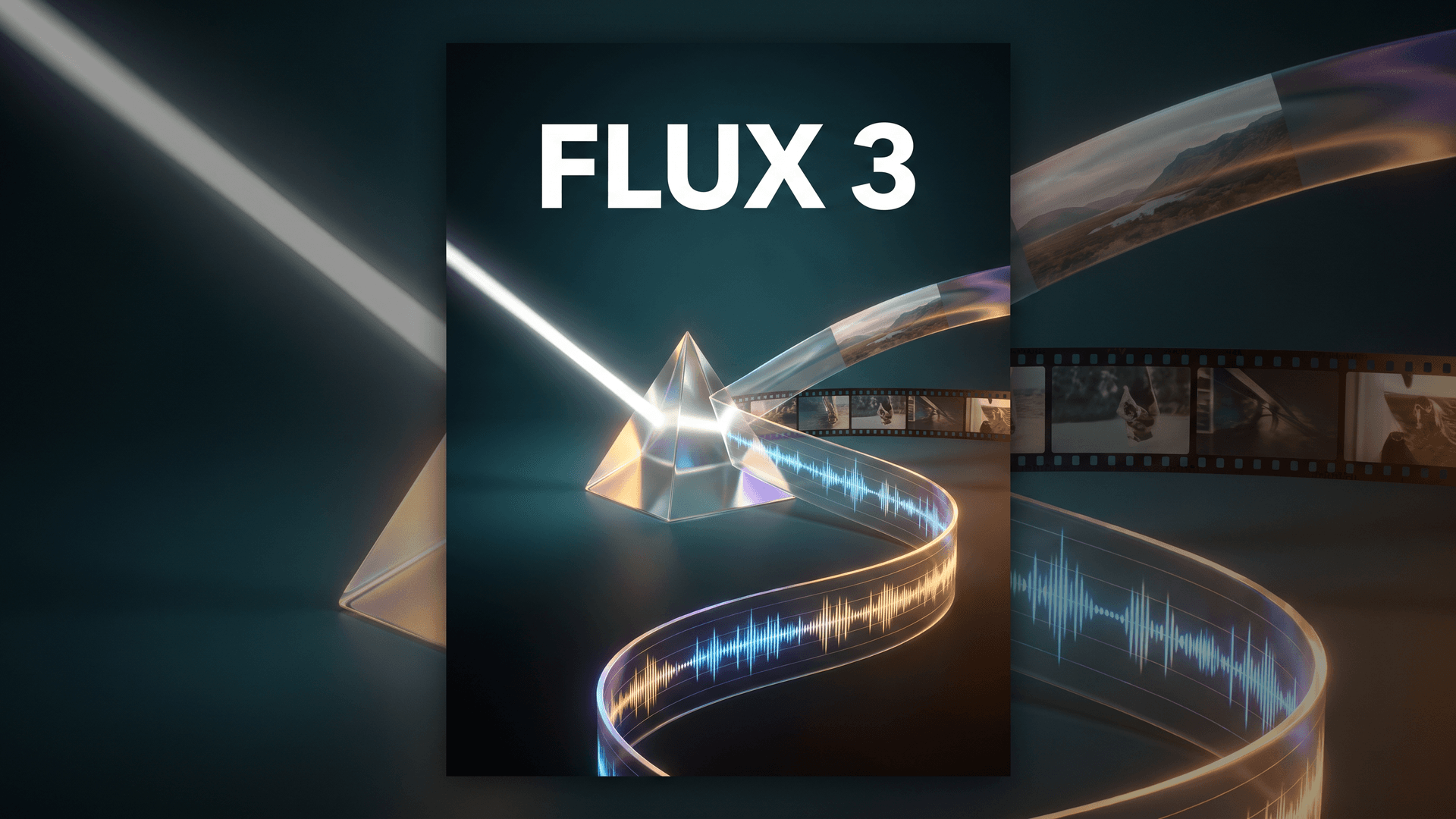 FLUX 3 -julisteessa lasiprisma jakaa valon kuvaksi, videoksi ja ääniaalloksi.