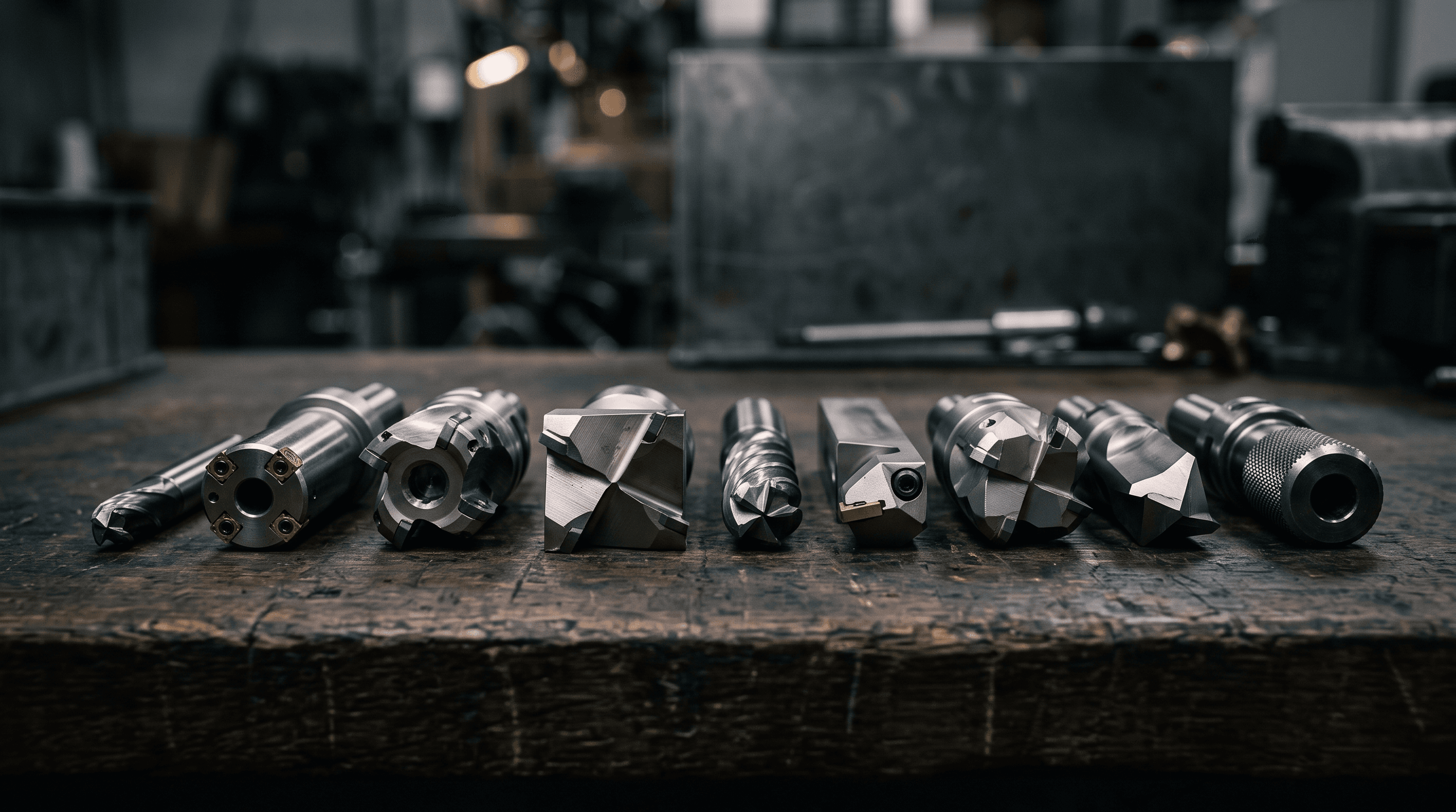 Rivi tarkkuustyöstettyjä työkalukärkiä tummalla työpöydällä matalassa valaistuksessa