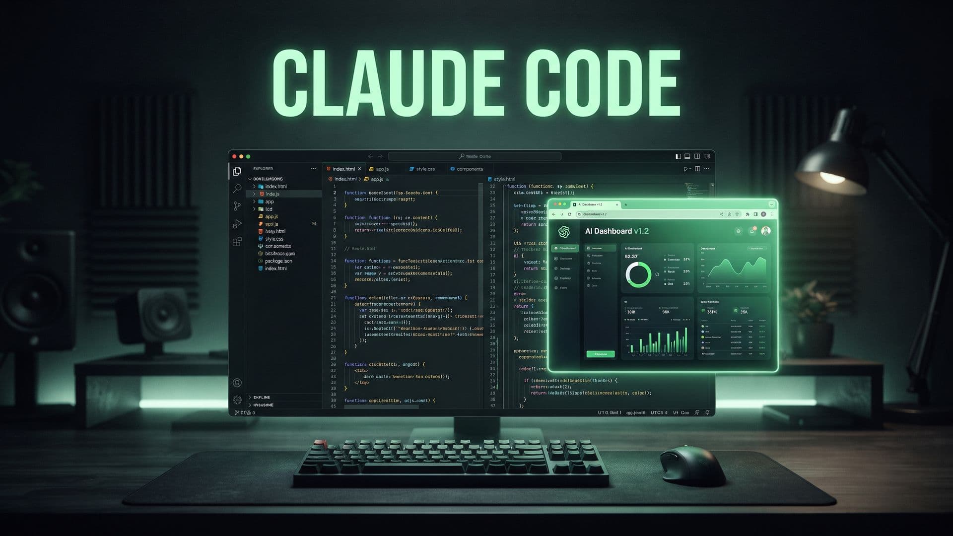 Claude Code -kansikuva, jossa teksti CLAUDE CODE ja koodieditorista avautuva selainikkuna.