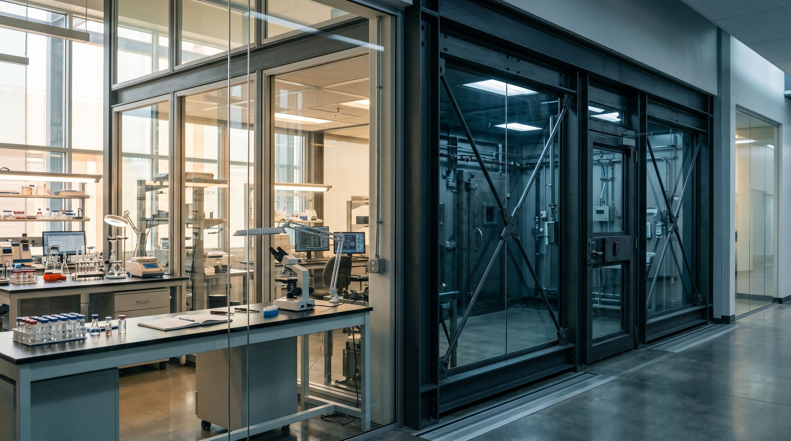 Kaksi rinnakkaista laboratoriokammioita: avoin julkinen malli ja suojattu rajattu malli.